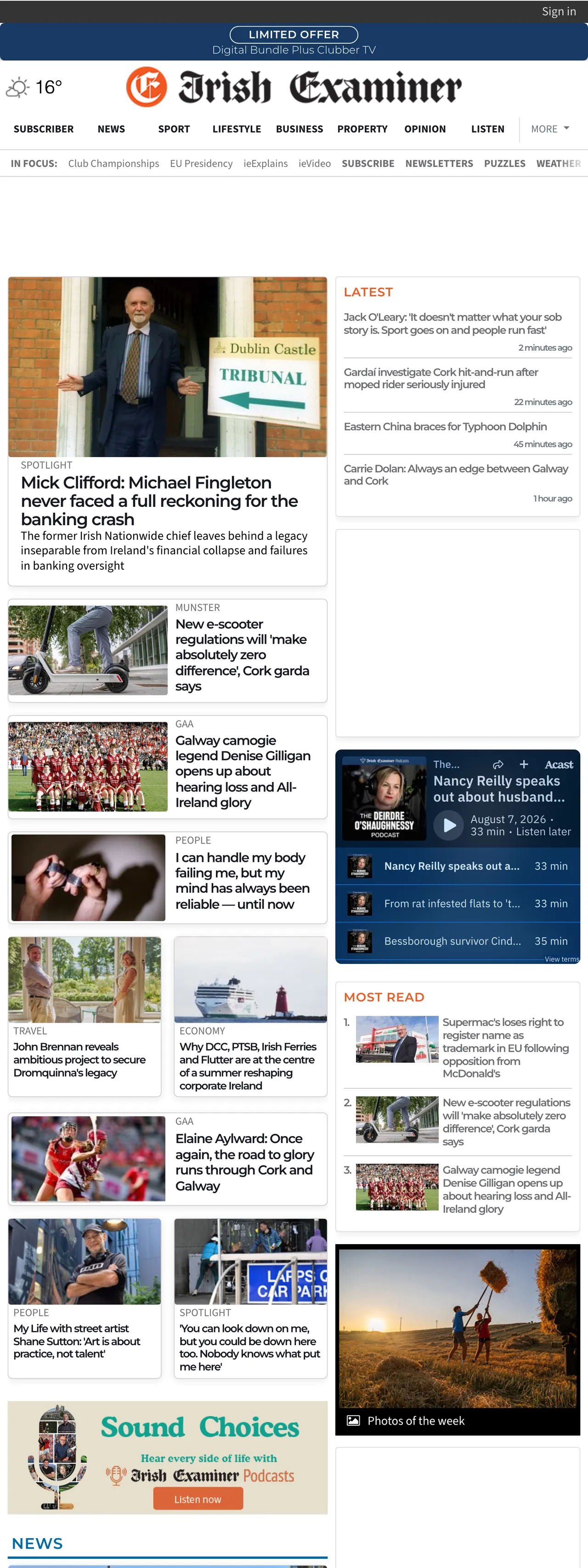 Screenshot of the Irish Examiner front page