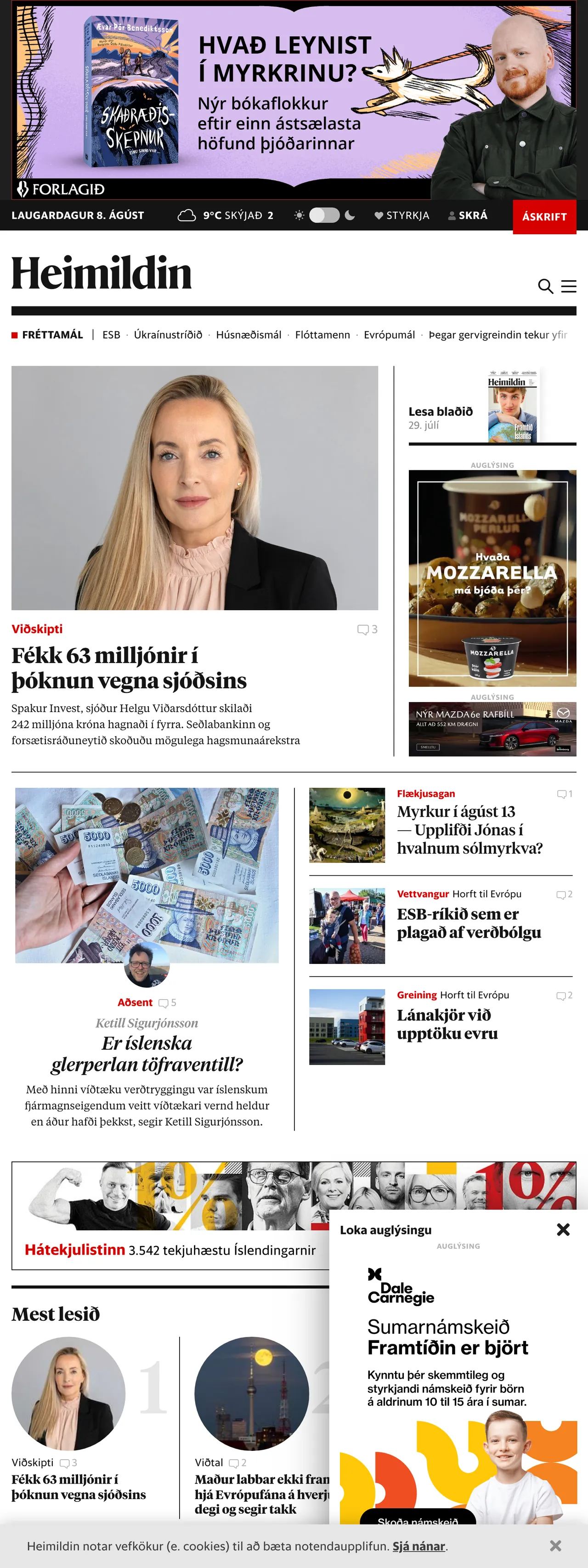Screenshot of the Heimildin front page