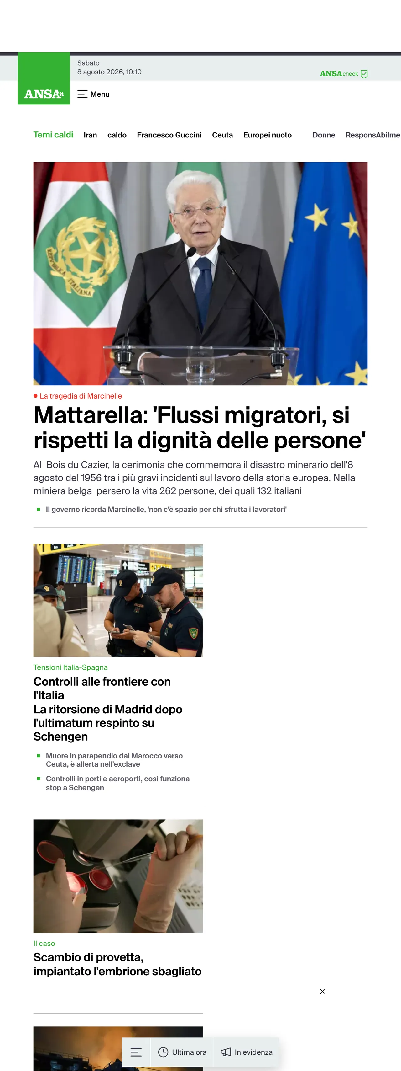 Screenshot of the ANSA front page
