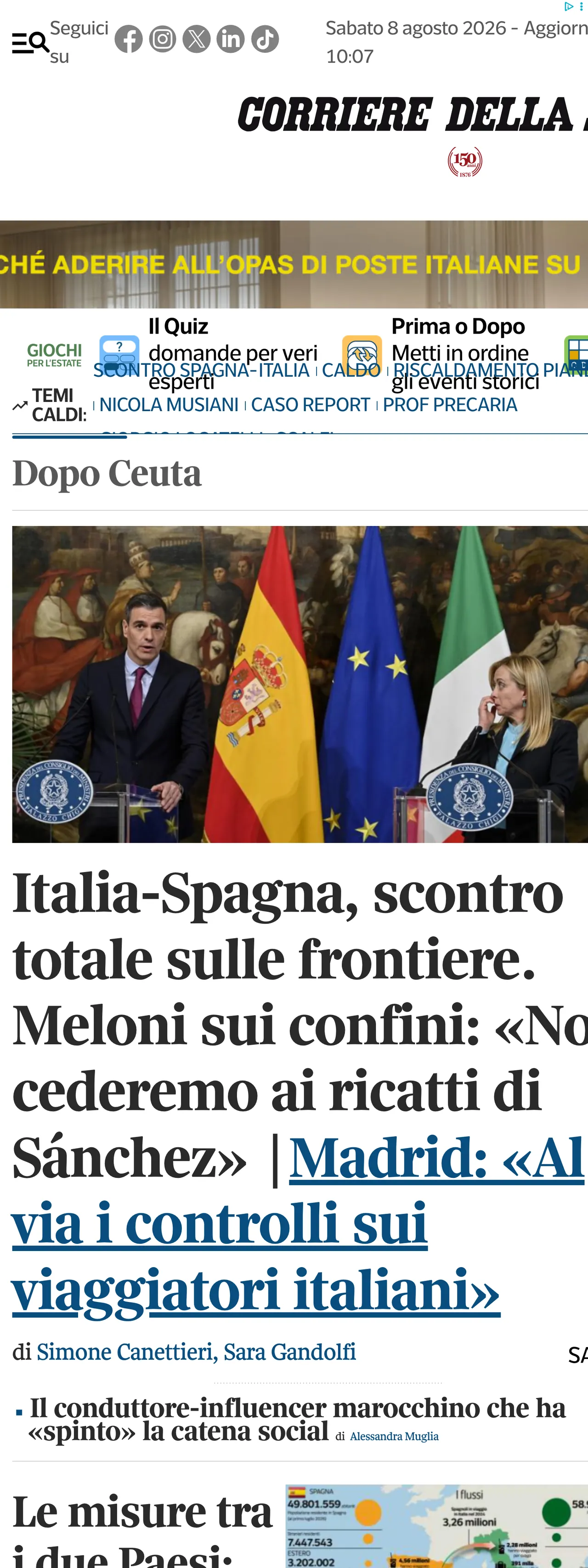 Screenshot of the Corriere della Sera front page