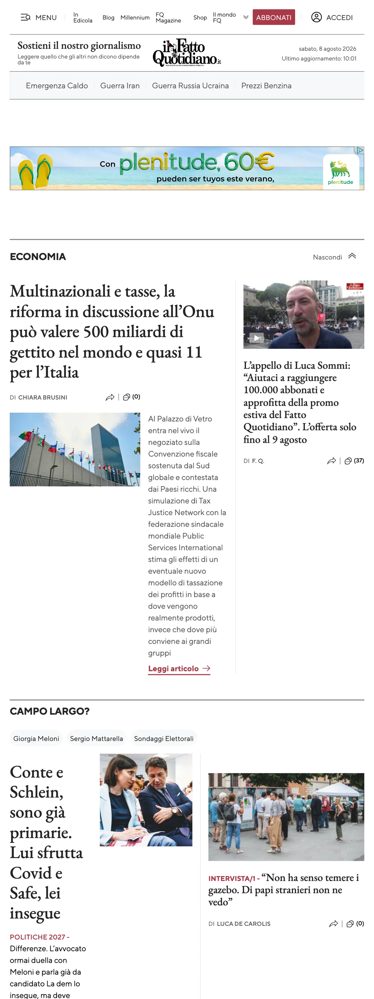 Screenshot of the Il Fatto Quotidiano front page