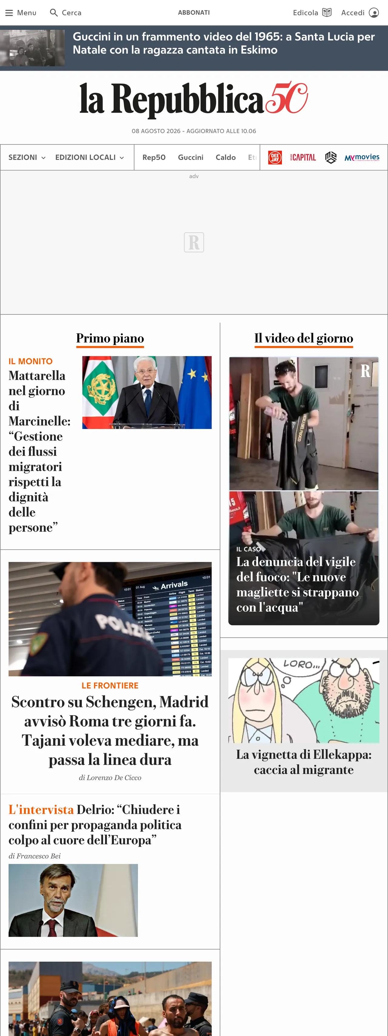 Screenshot of the la Repubblica front page