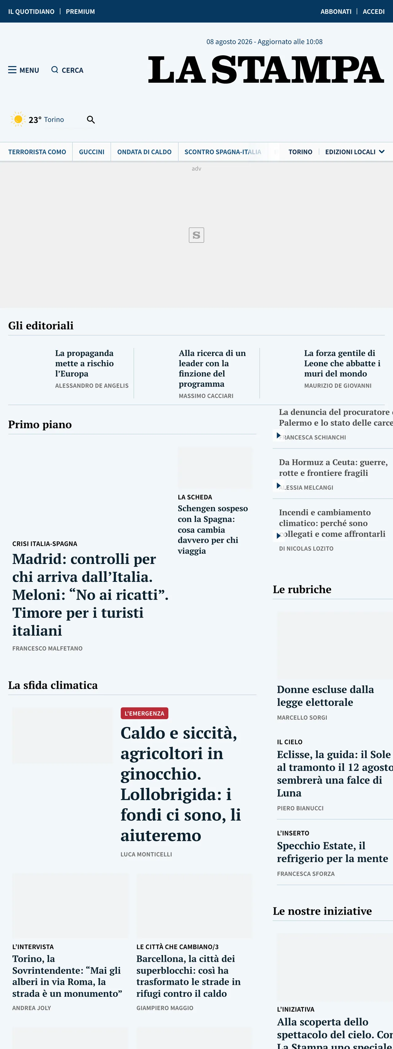 Screenshot of the La Stampa front page