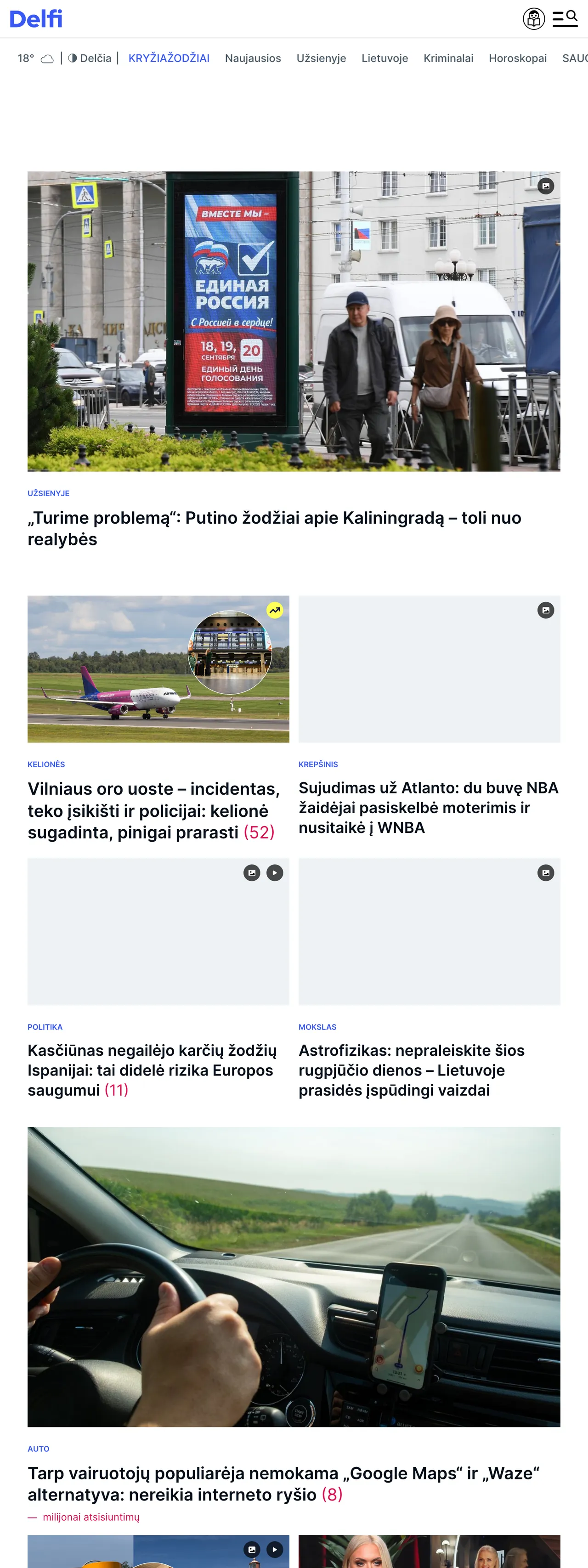 Screenshot of the Delfi front page