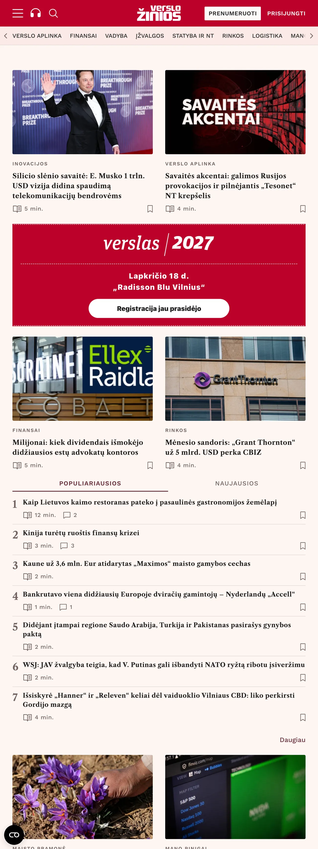 Screenshot of the Verslo žinios front page