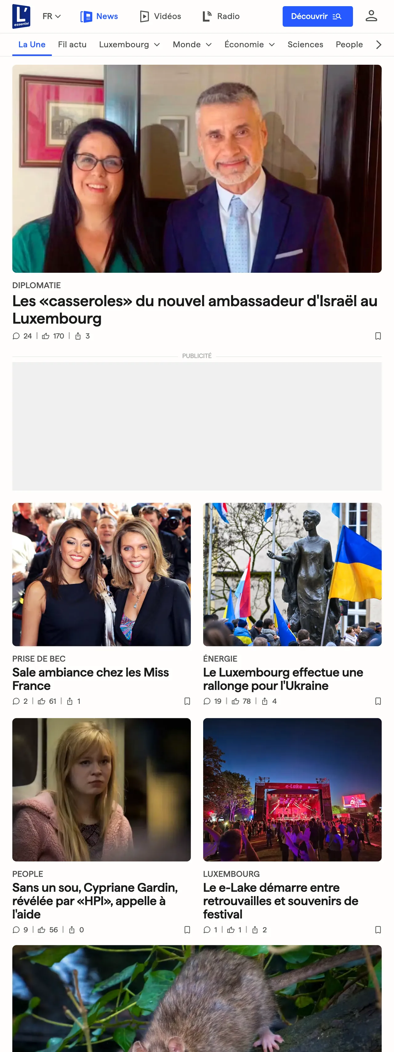 Screenshot of the L'essentiel front page