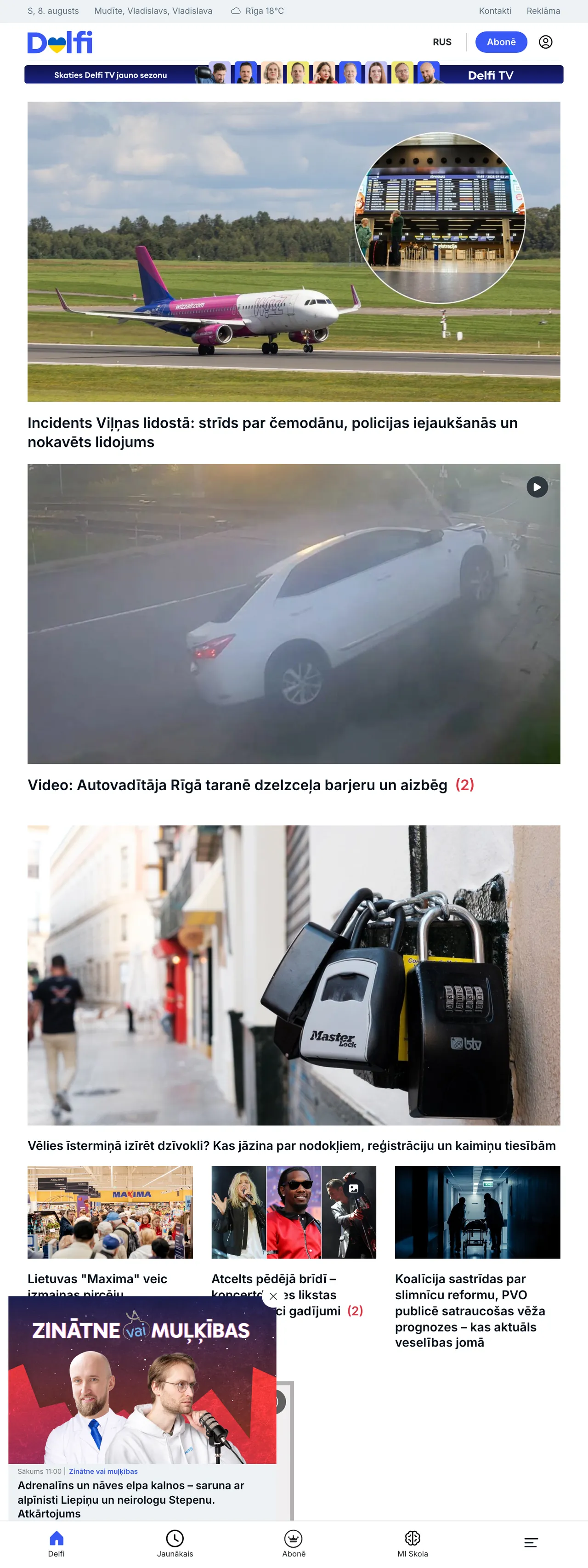 Screenshot of the Delfi front page
