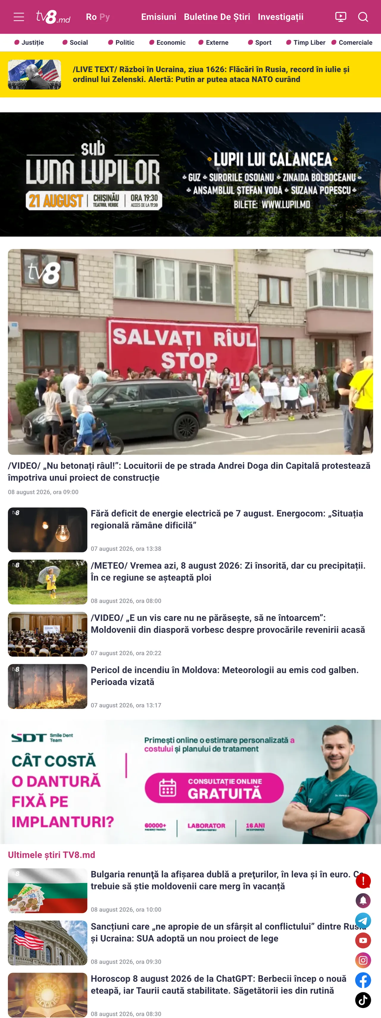 Screenshot of the TV8 front page