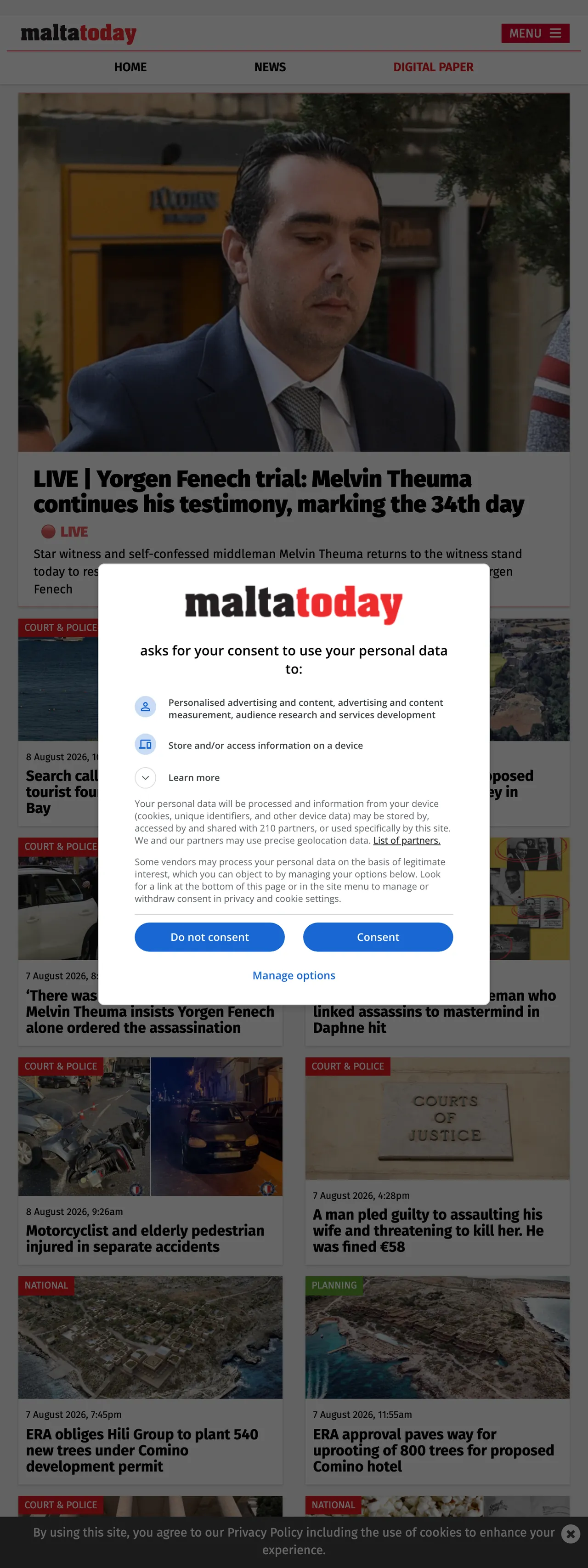 Screenshot of the Malta Today front page