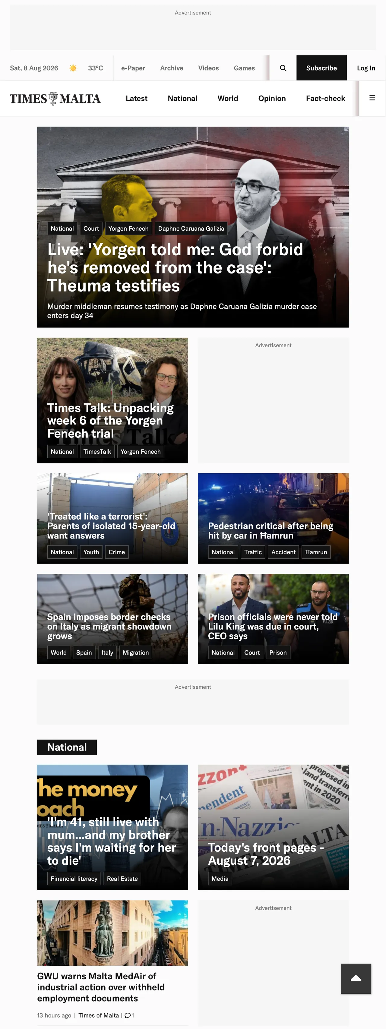 Screenshot of the Times of Malta front page