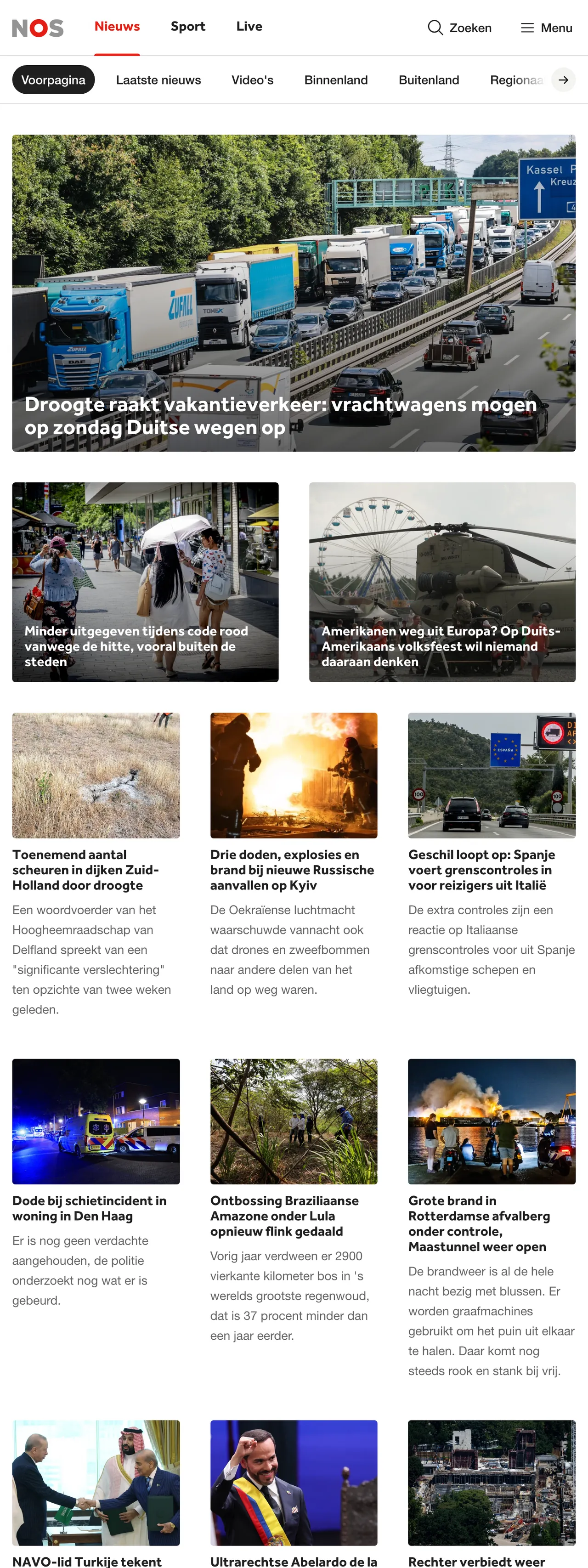 Screenshot of the NOS front page