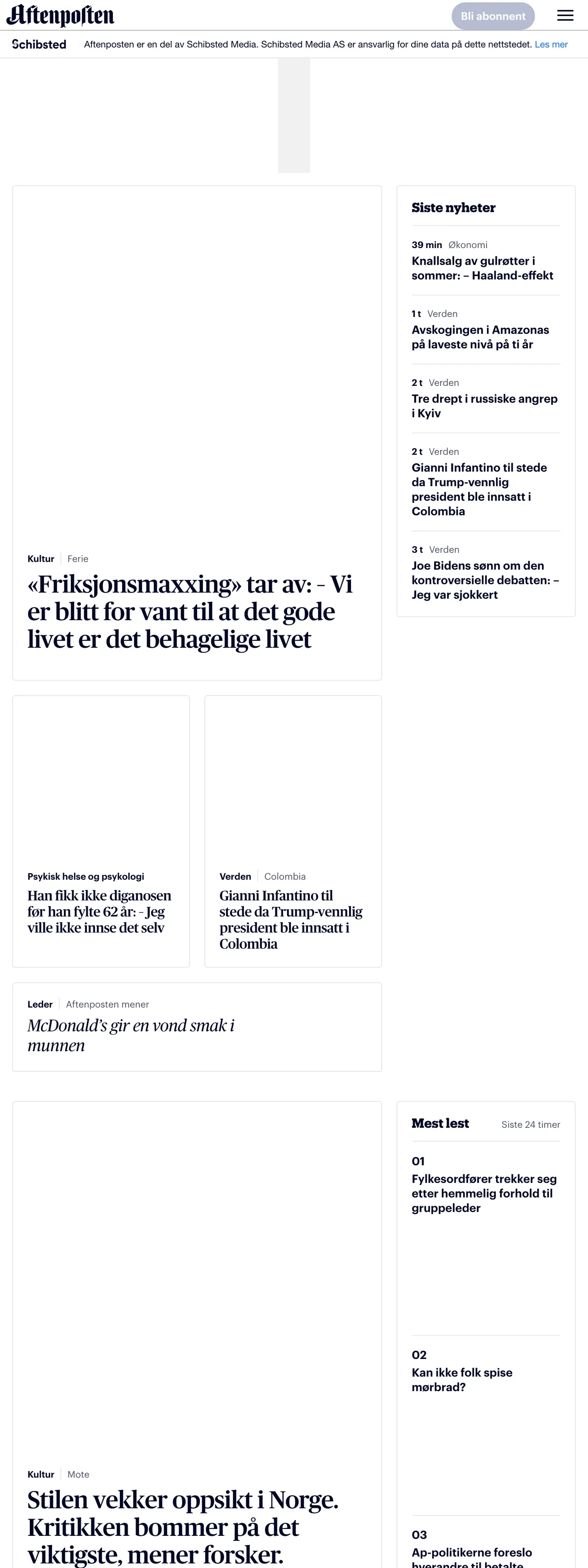 Screenshot of the Aftenposten front page