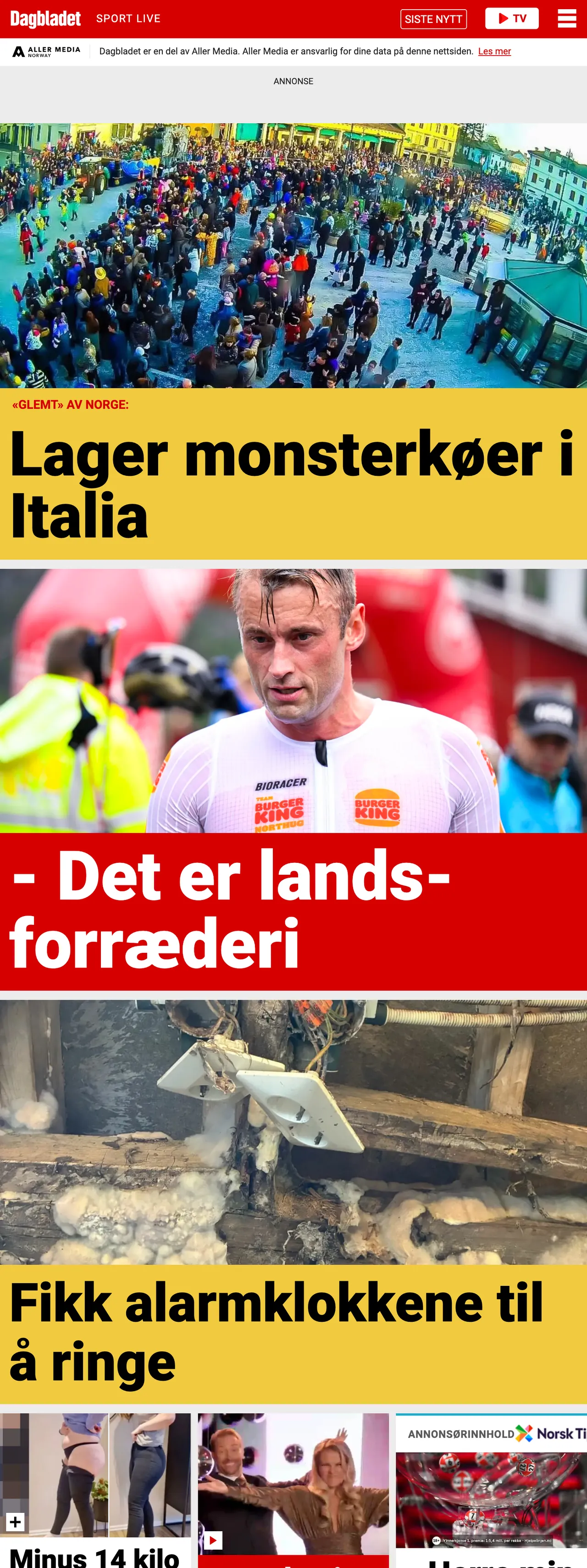 Screenshot of the Dagbladet front page