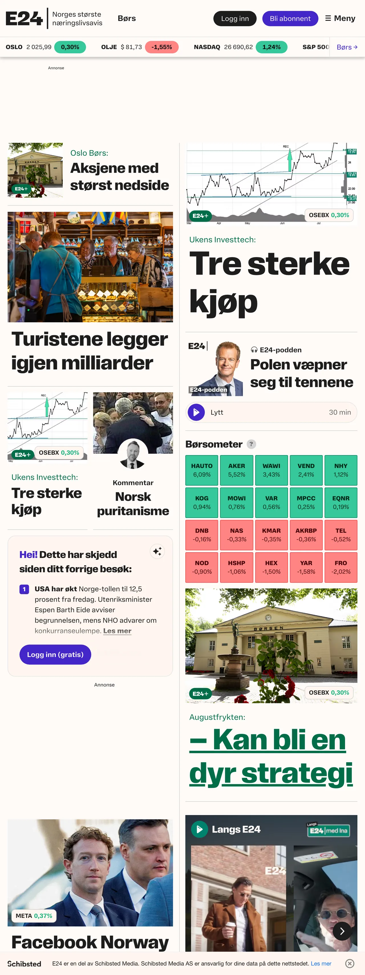 Screenshot of the E24 front page