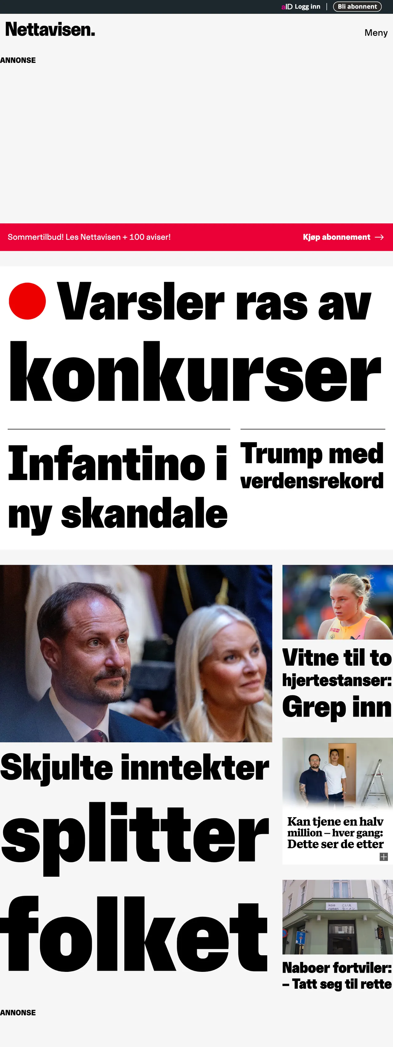 Screenshot of the Nettavisen front page