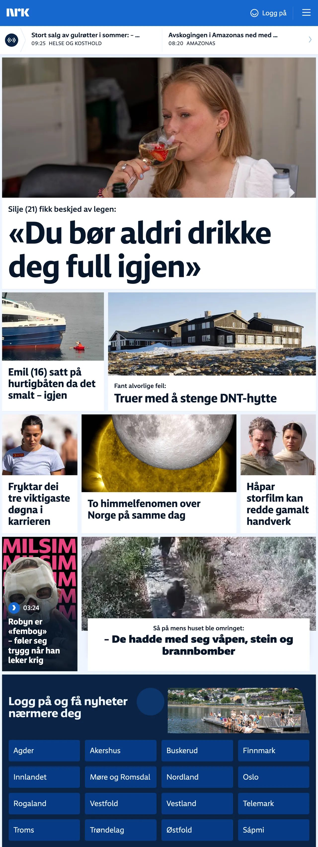Screenshot of the NRK front page