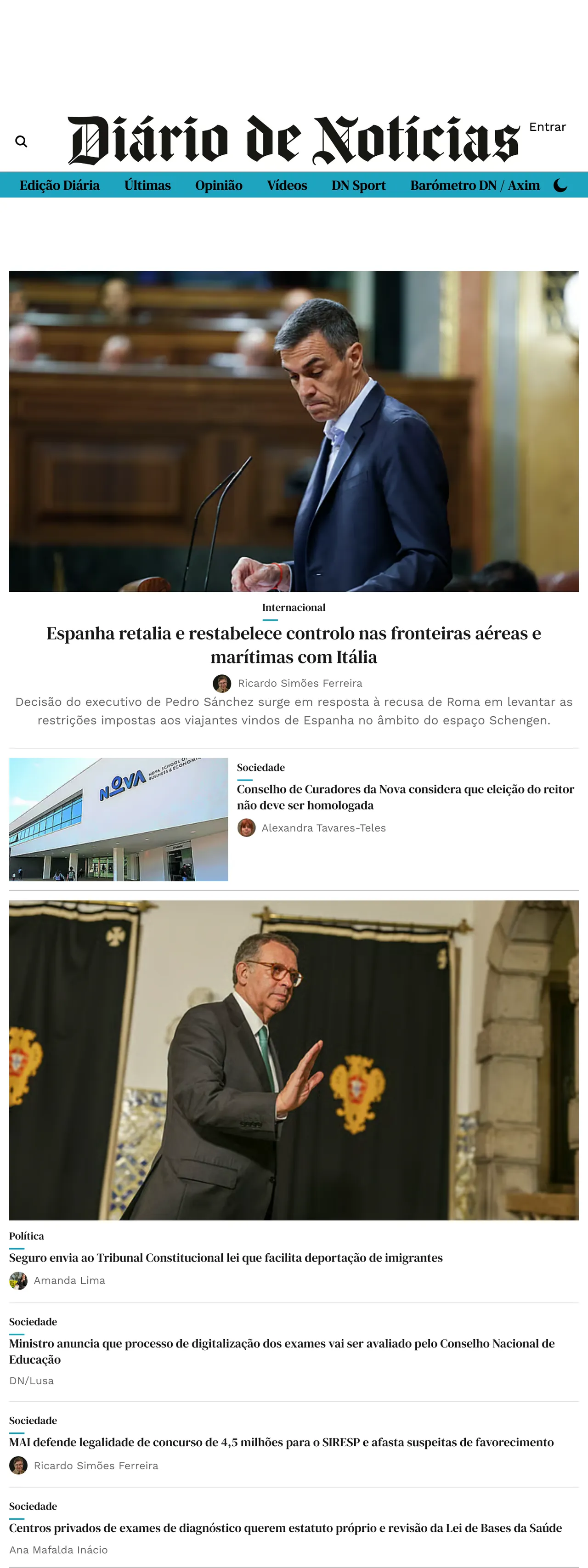Screenshot of the Diário de Notícias front page