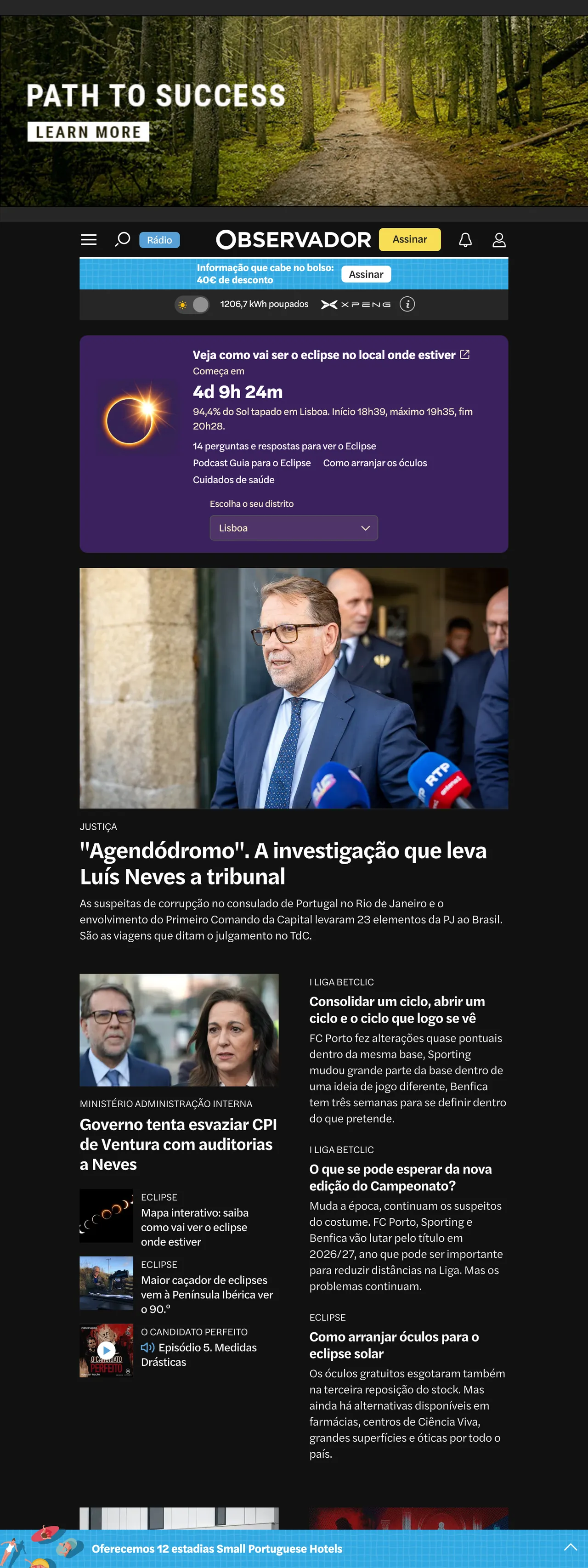 Screenshot of the Observador front page