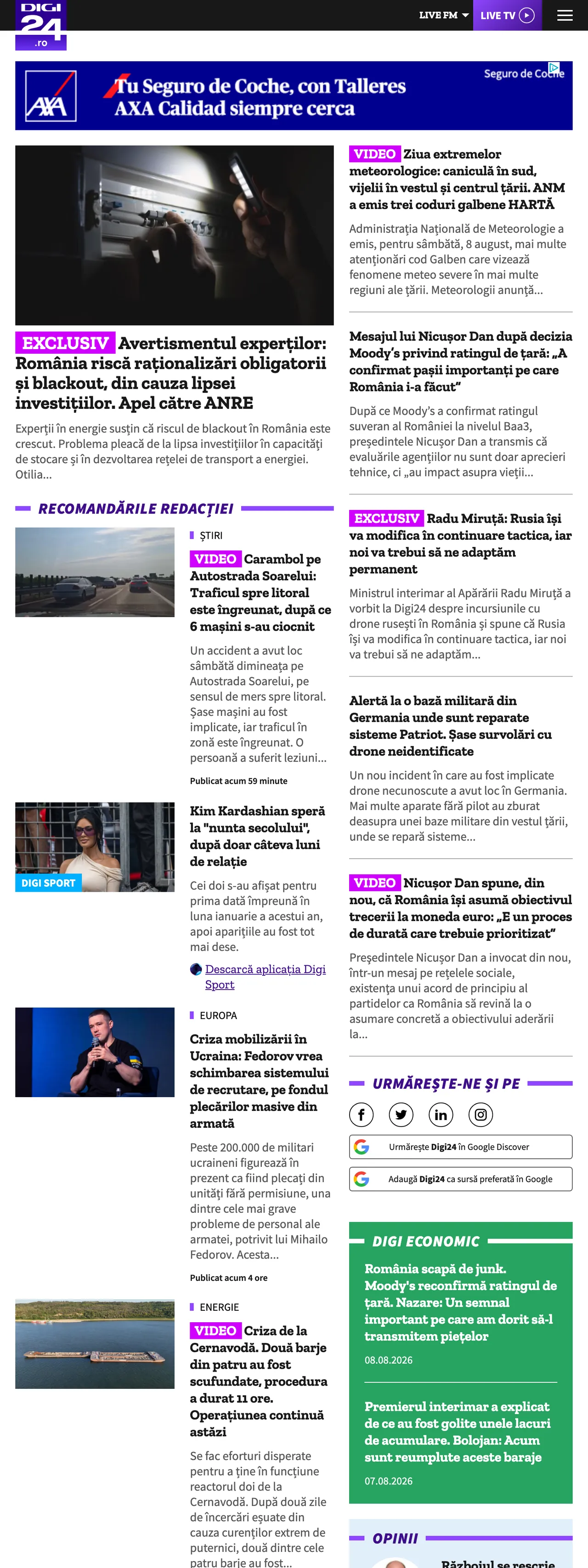 Screenshot of the Digi24 front page