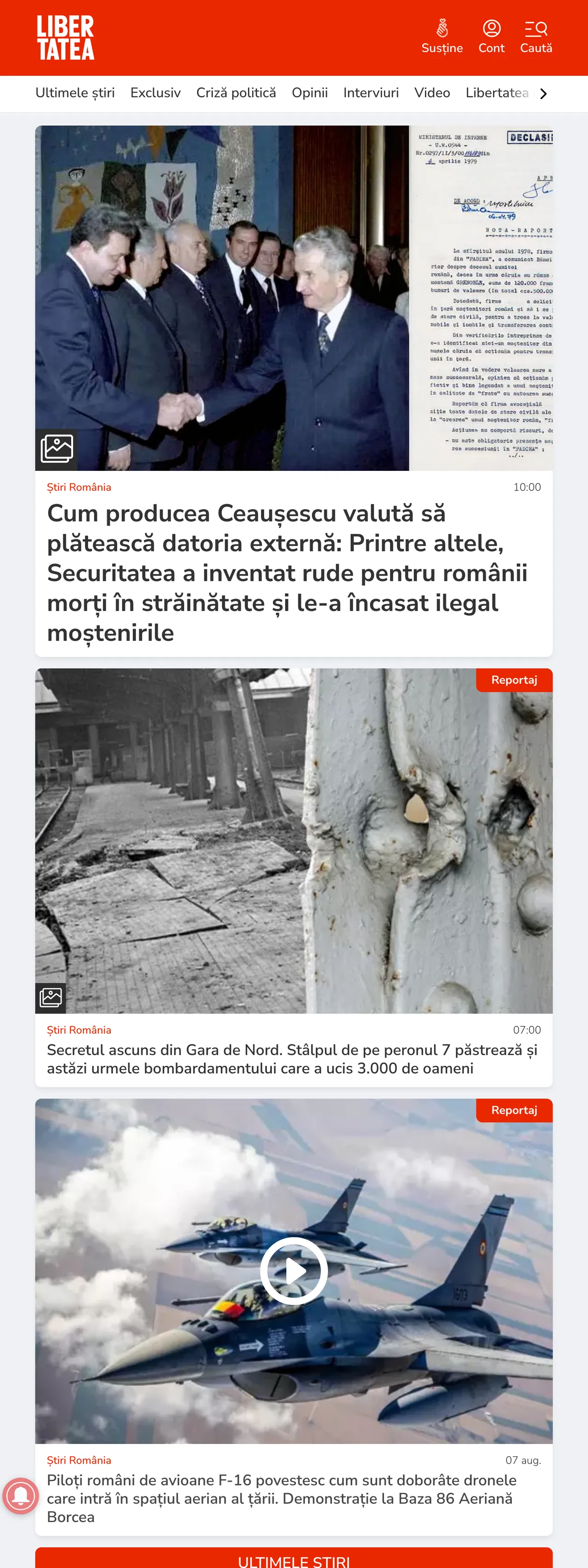 Screenshot of the Libertatea front page