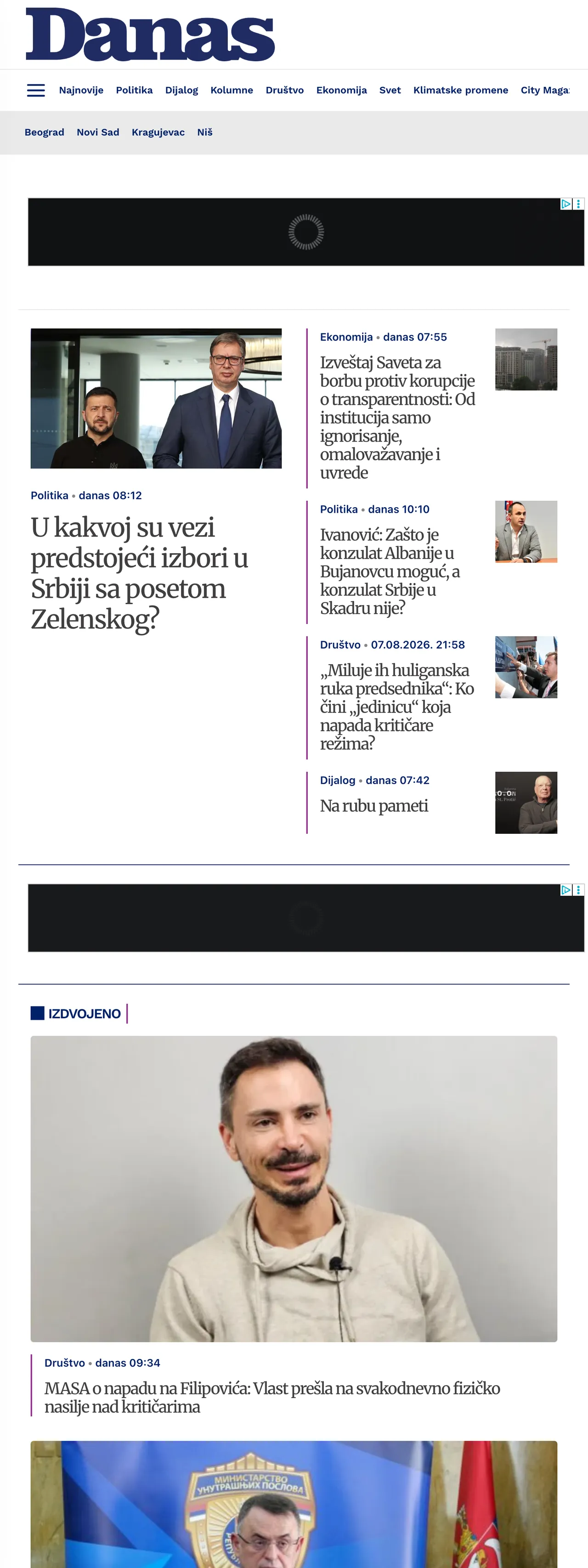 Screenshot of the Danas front page