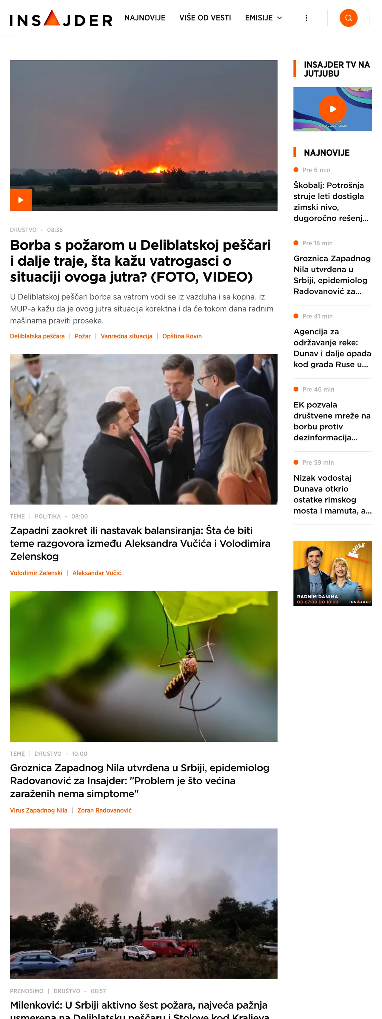 Screenshot of the Insajder front page