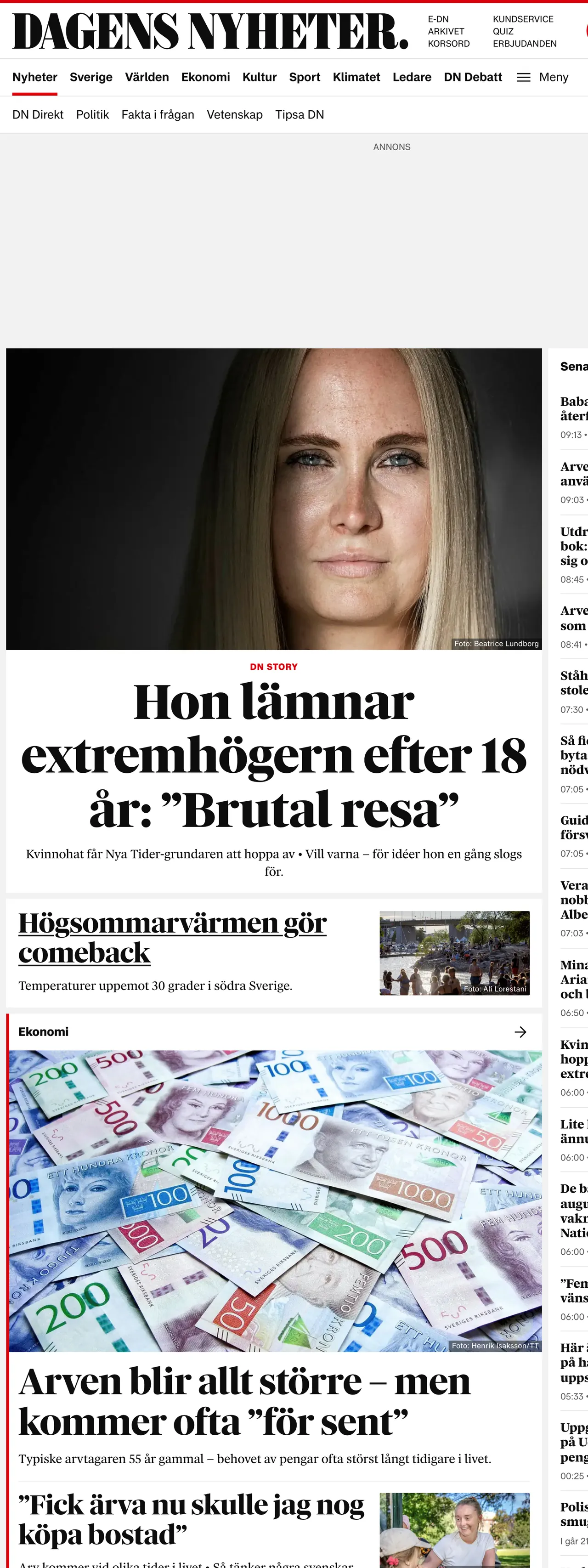 Screenshot of the Dagens Nyheter front page