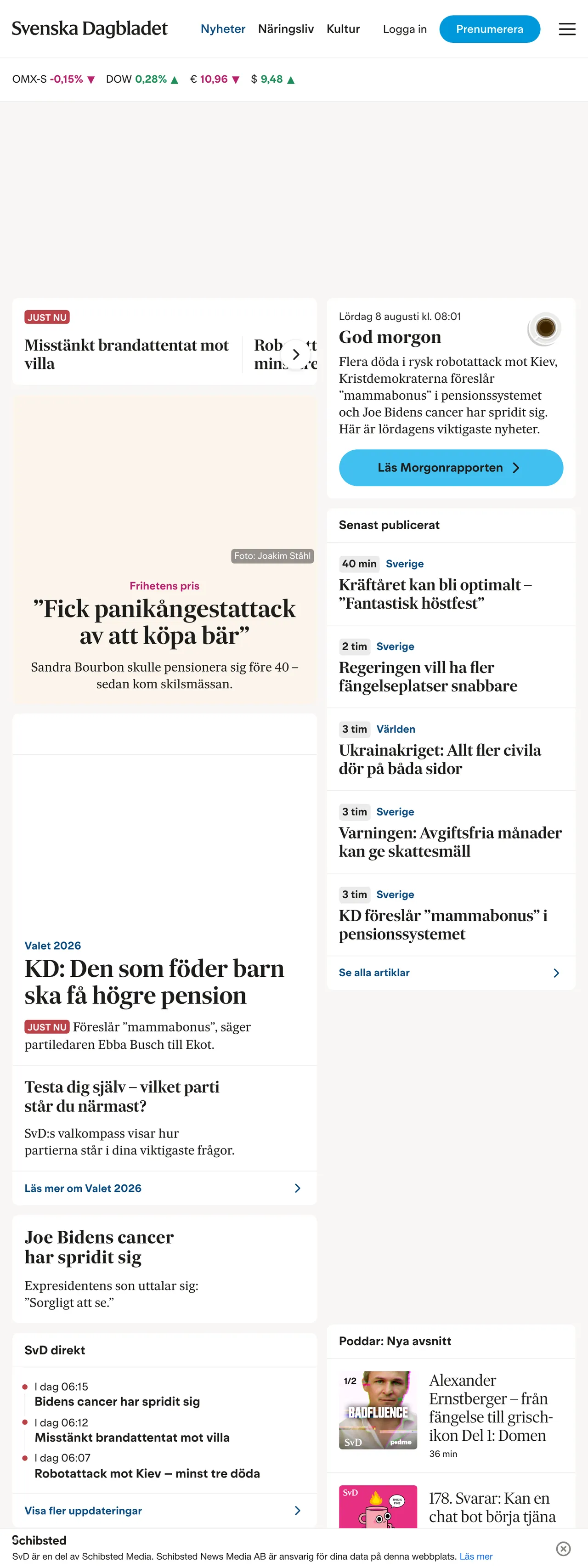 Screenshot of the Svenska Dagbladet front page