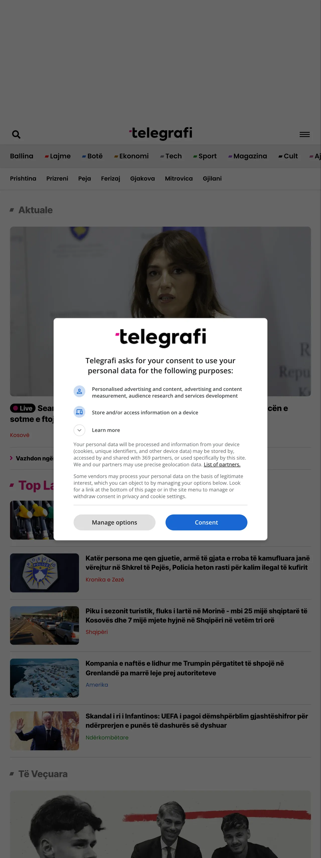 Screenshot of the Telegrafi front page