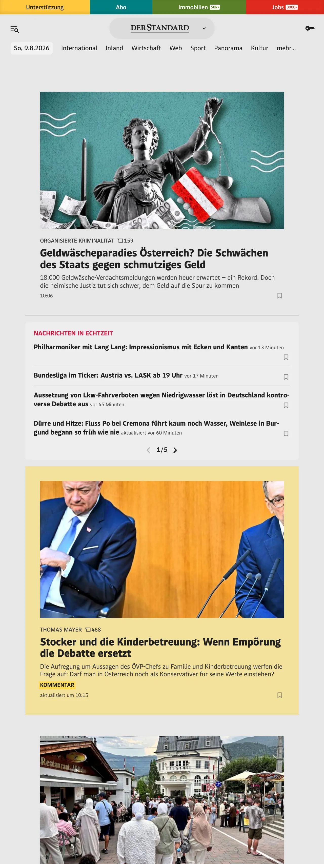 Screenshot of the DER STANDARD front page