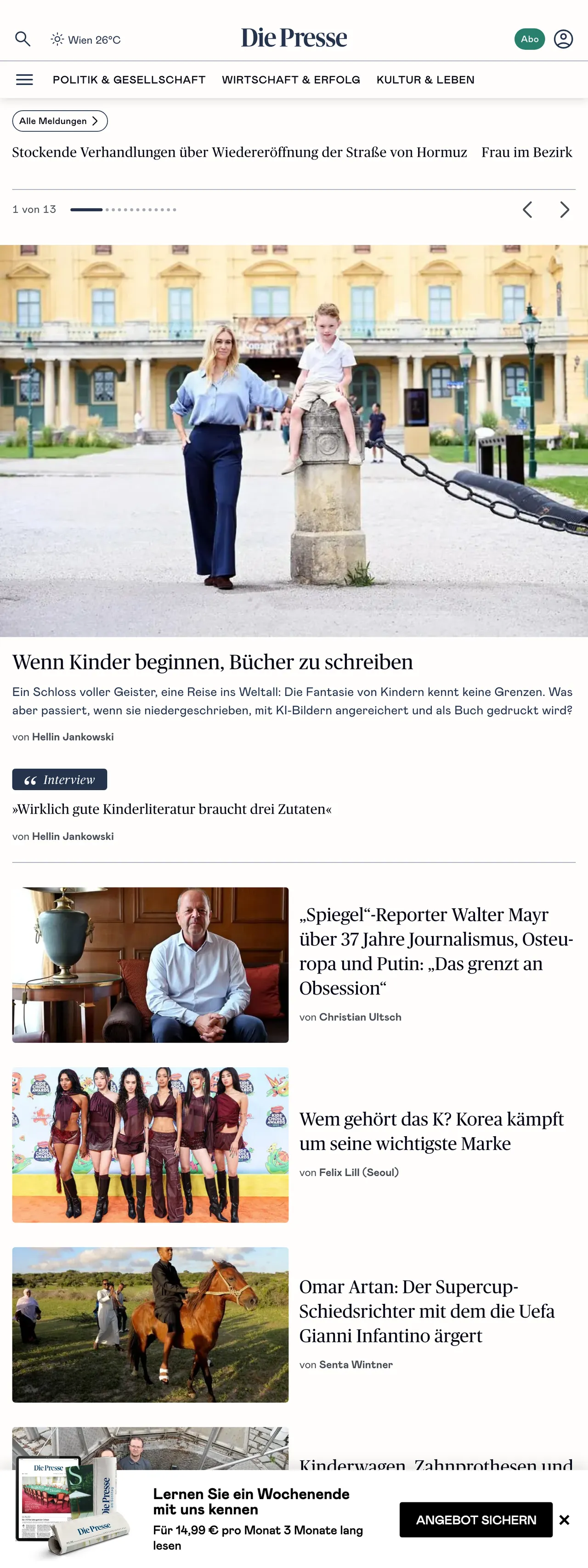 Screenshot of the Die Presse front page