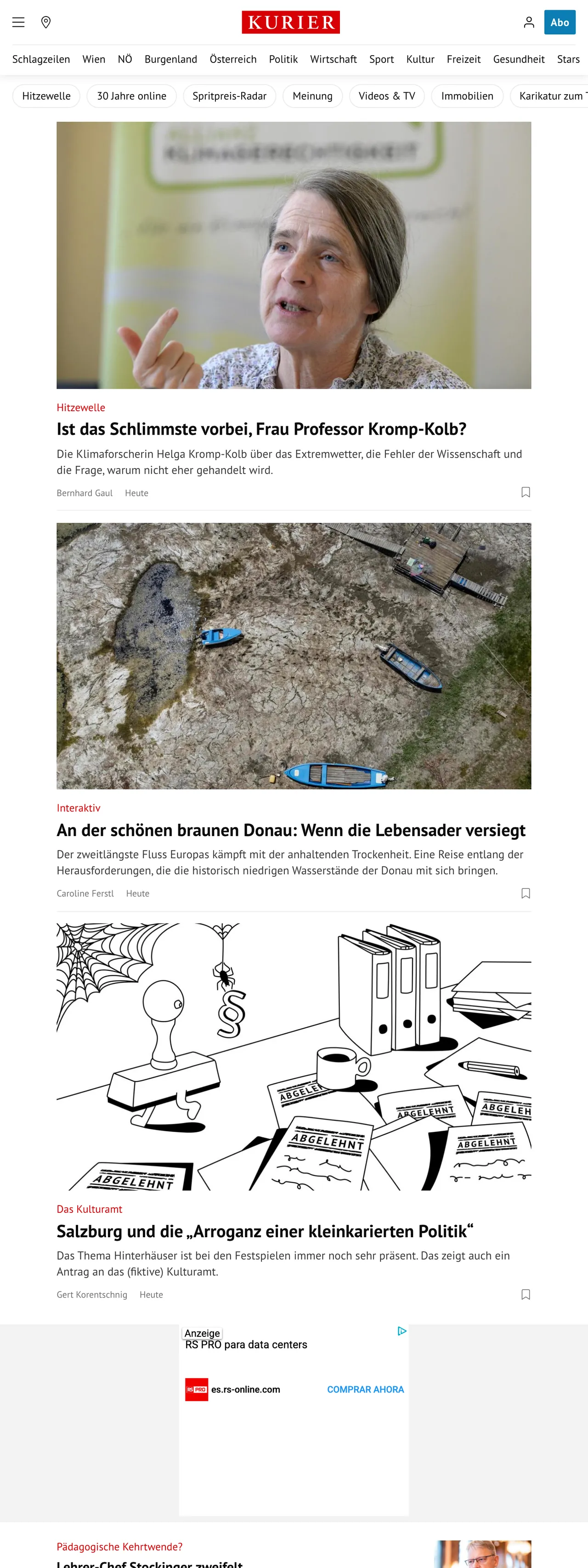 Screenshot of the Kurier front page
