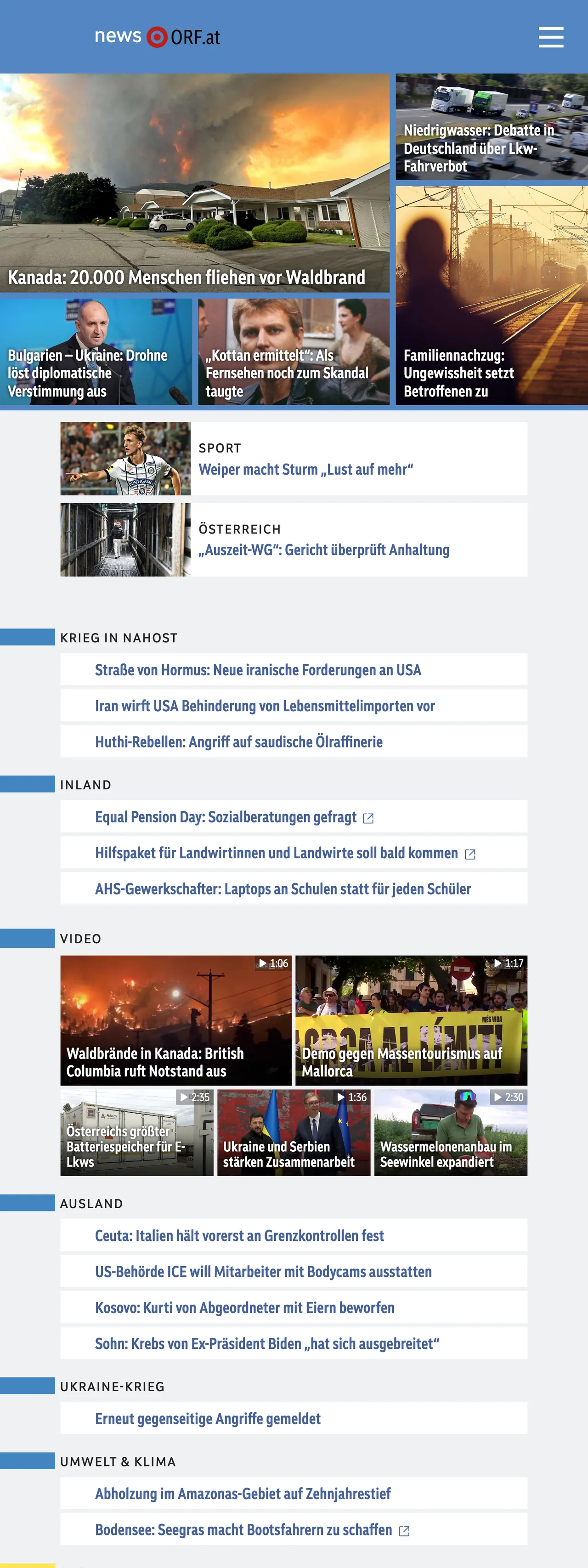 Screenshot of the ORF front page