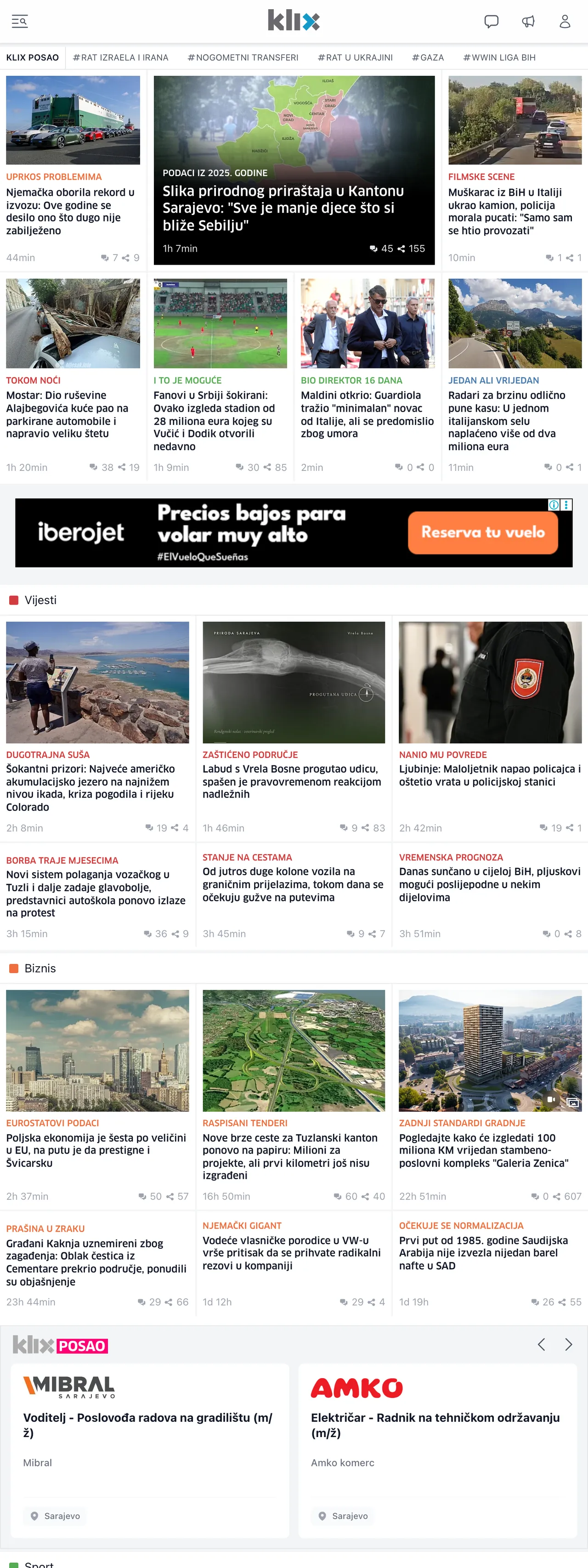 Screenshot of the Klix.ba front page