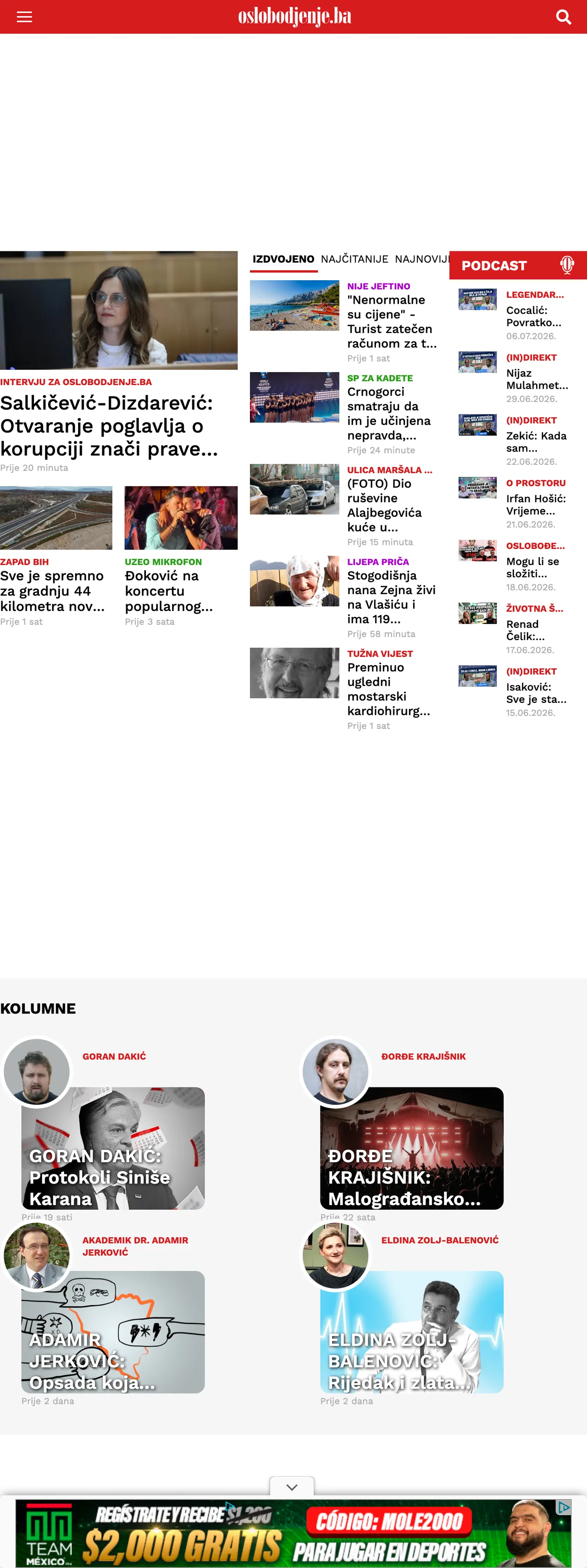 Screenshot of the Oslobođenje front page