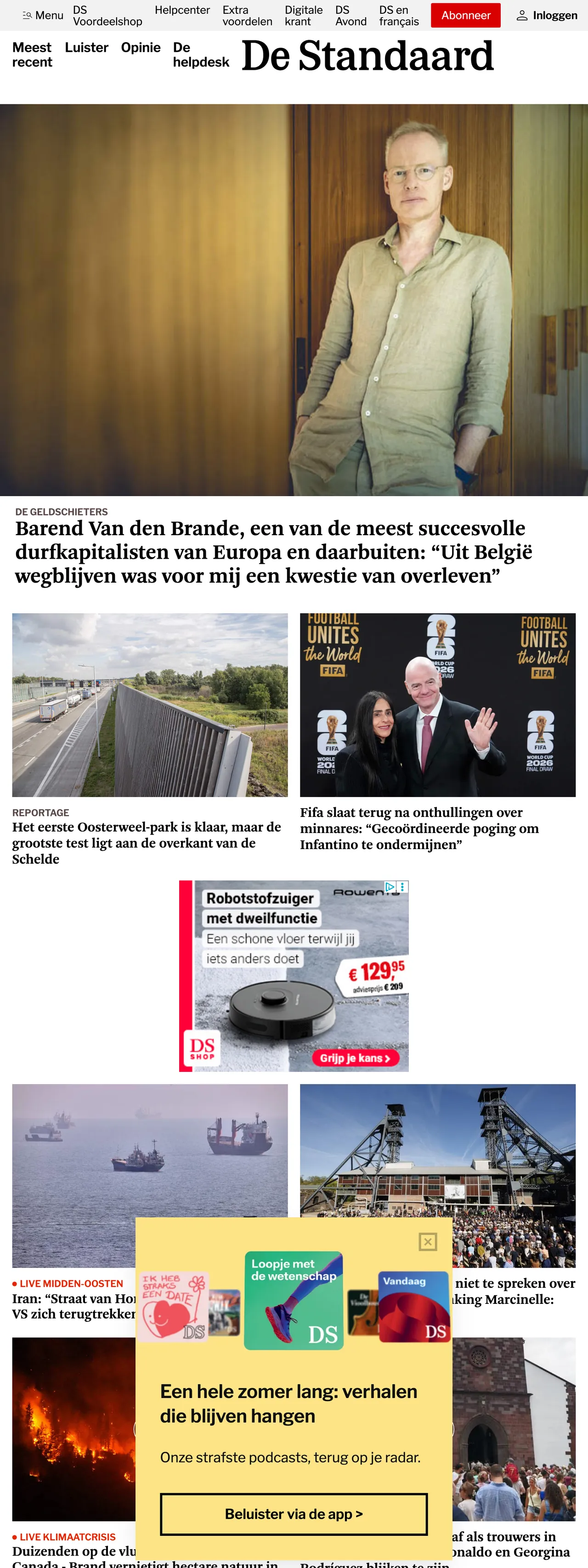 Screenshot of the De Standaard front page