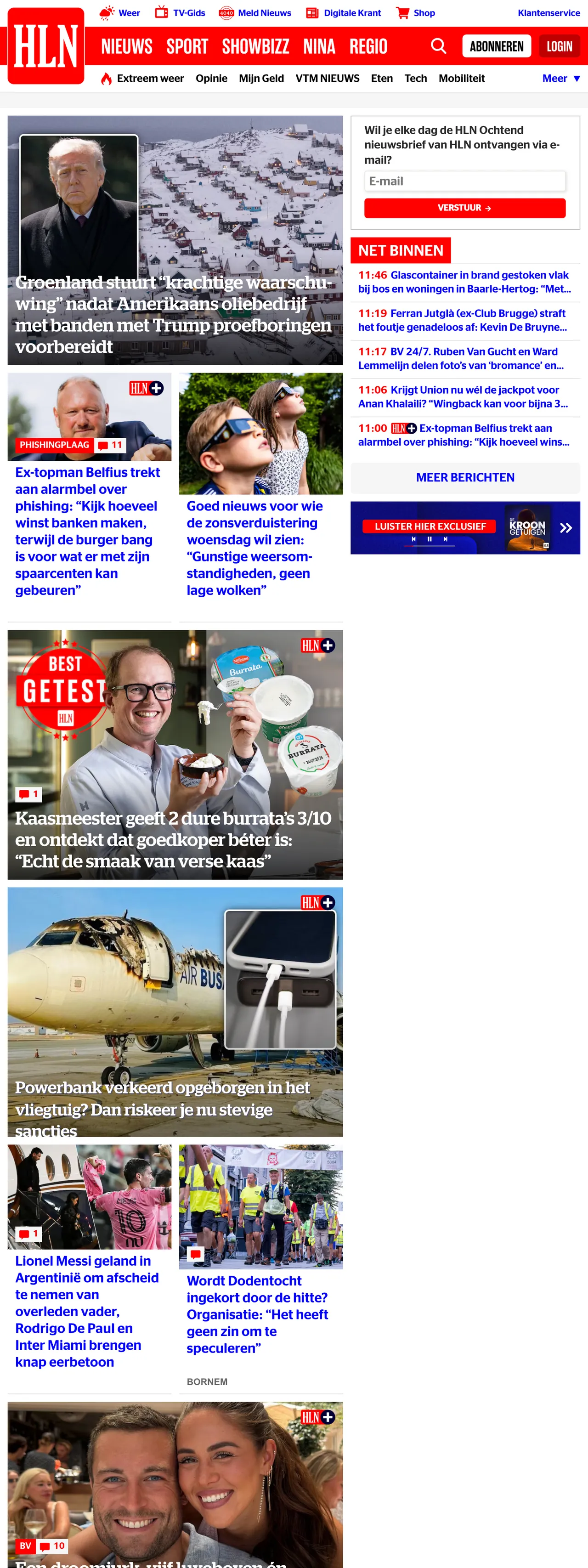 Screenshot of the HLN front page