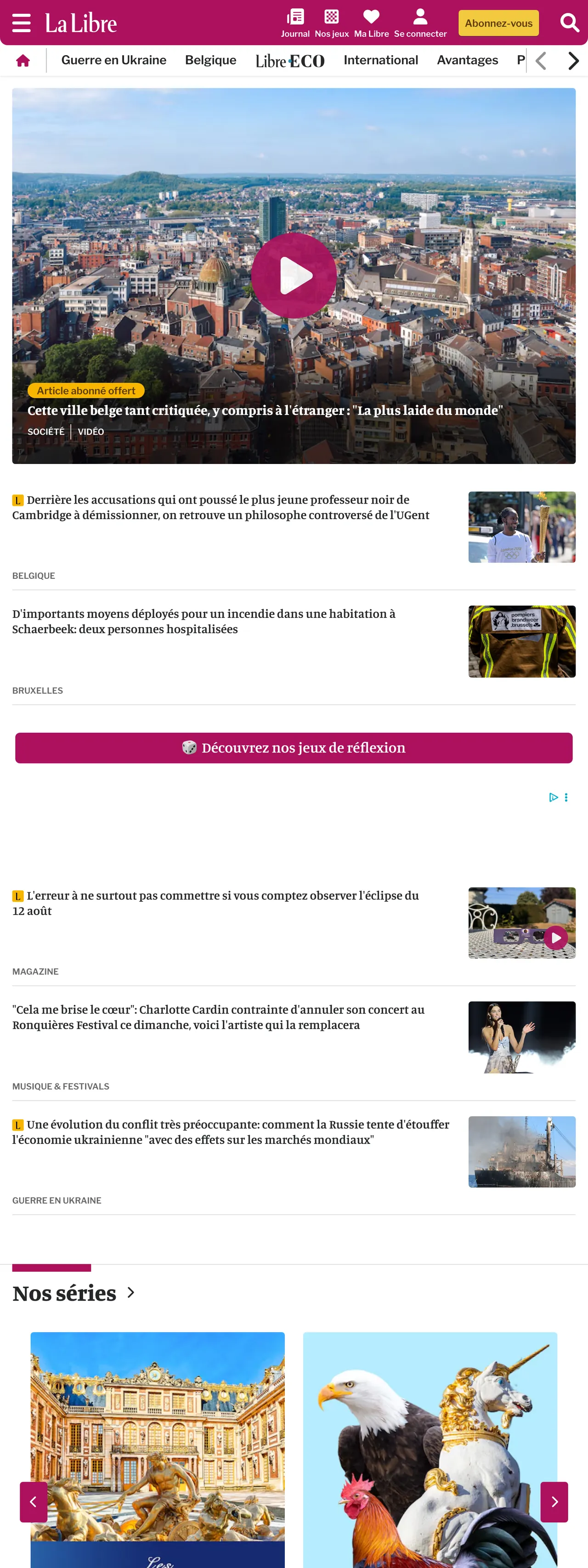 Screenshot of the La Libre front page