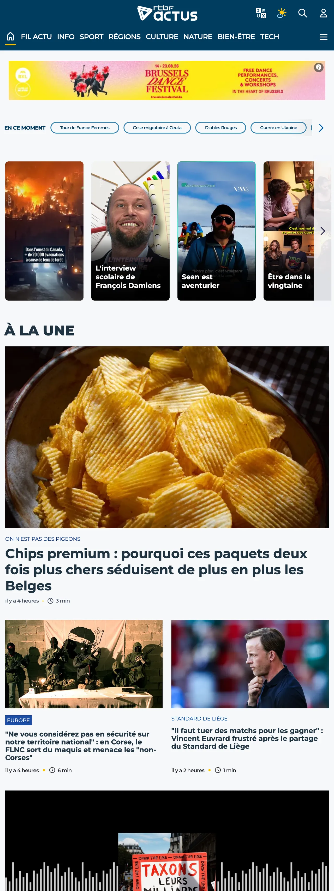 Screenshot of the RTBF front page