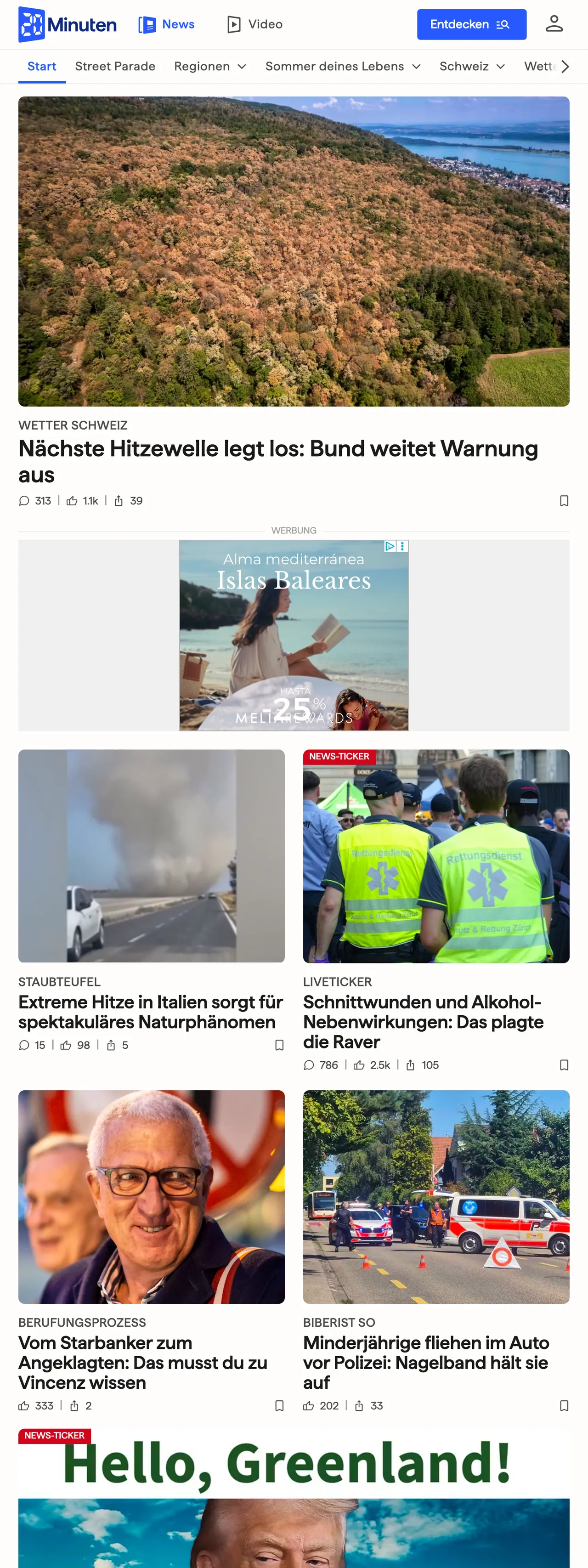 Screenshot of the 20 Minuten front page