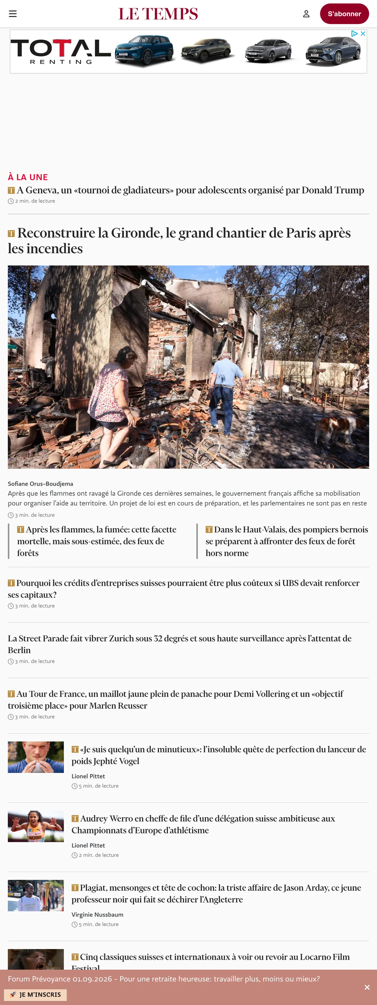 Screenshot of the Le Temps front page