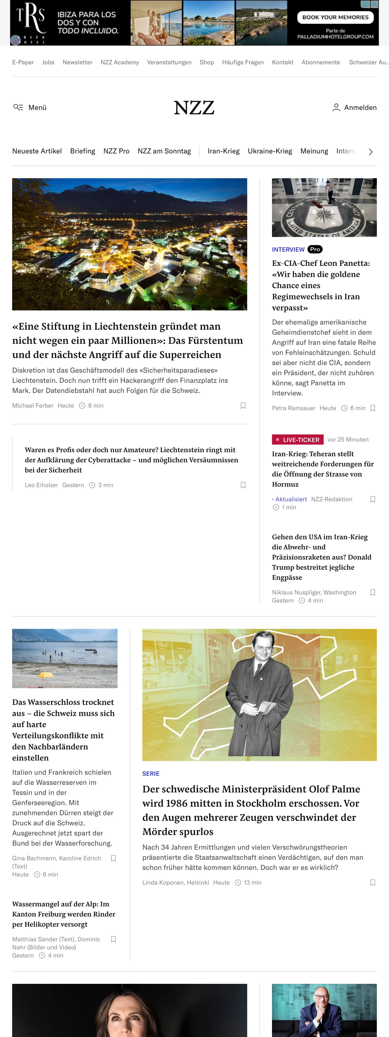 Screenshot of the Neue Zürcher Zeitung front page