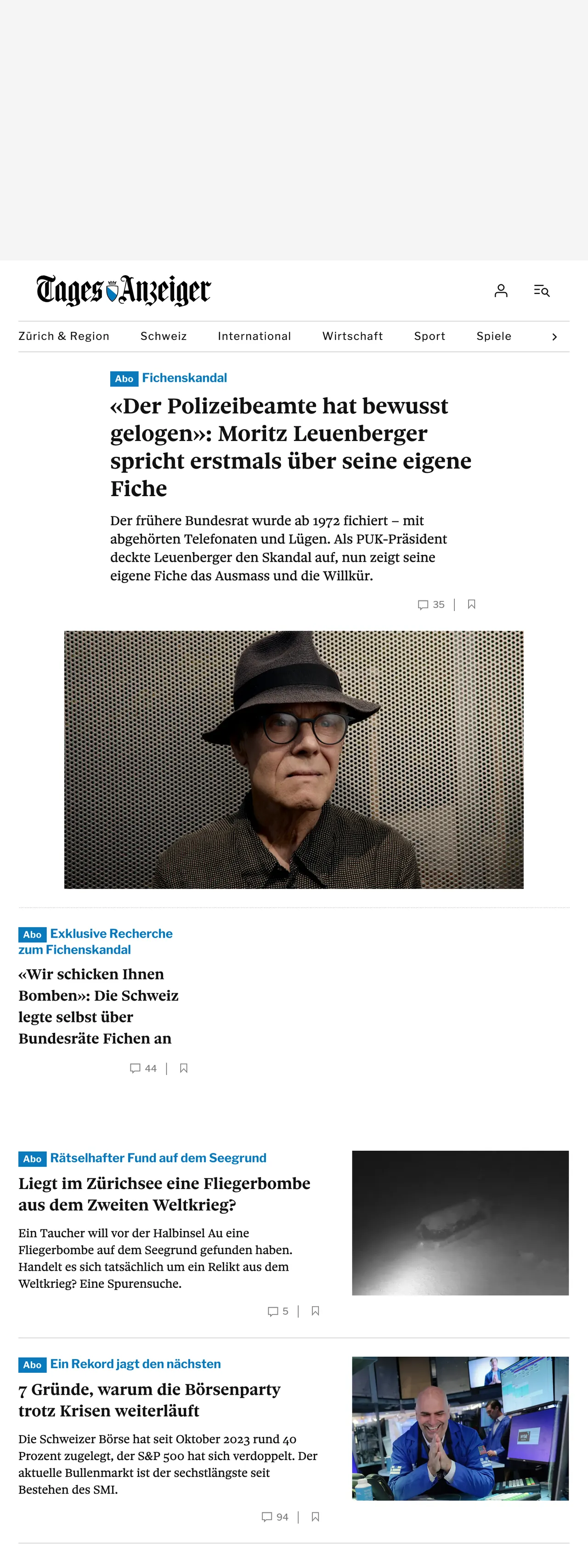 Screenshot of the Tages-Anzeiger front page