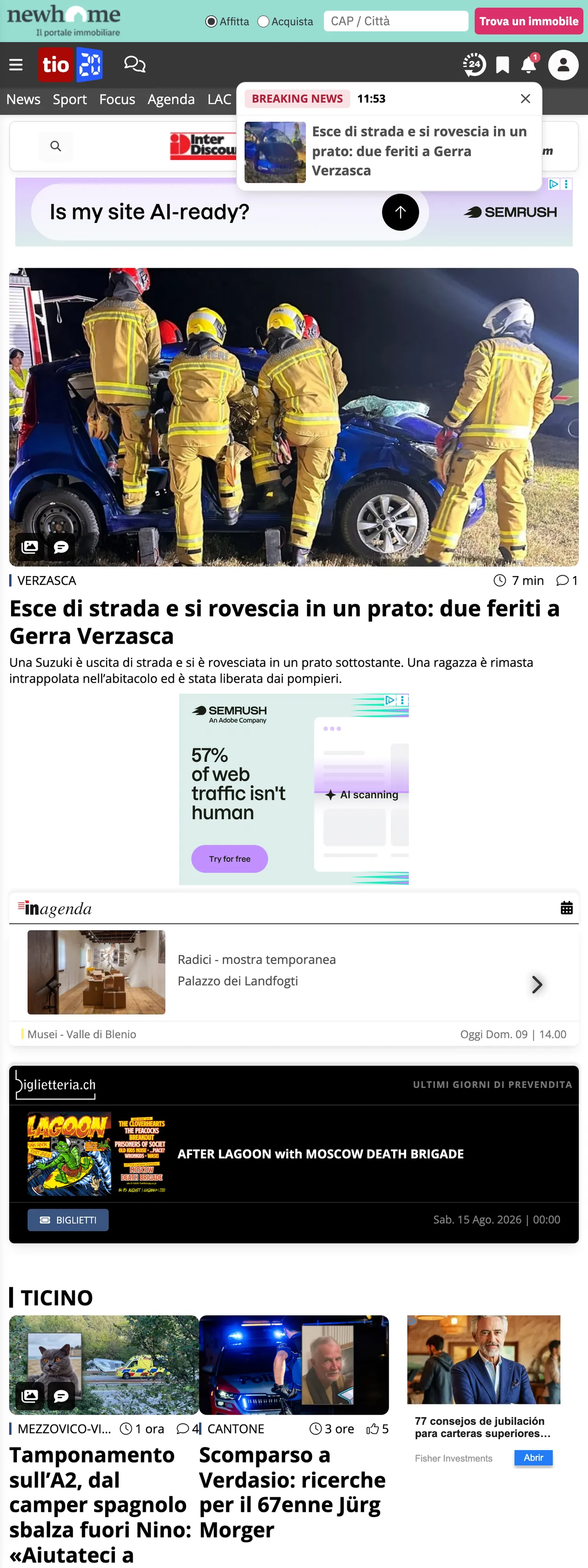 Screenshot of the Ticinonline front page