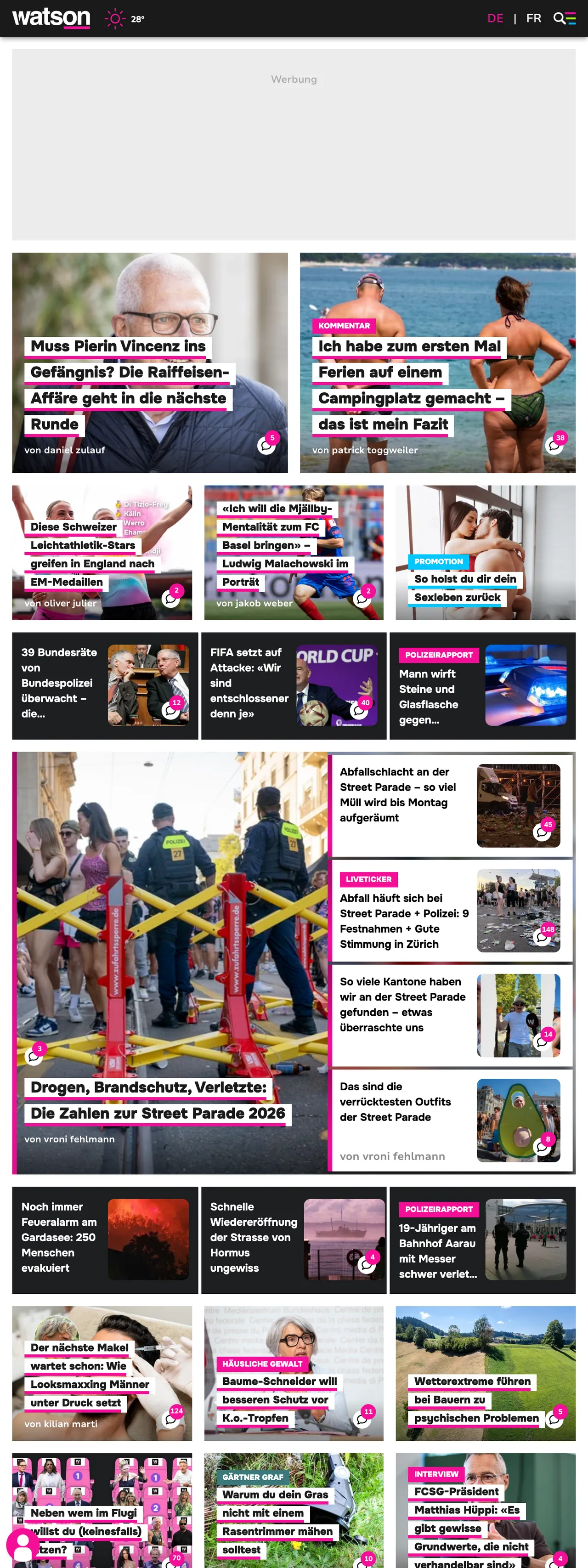 Screenshot of the watson front page