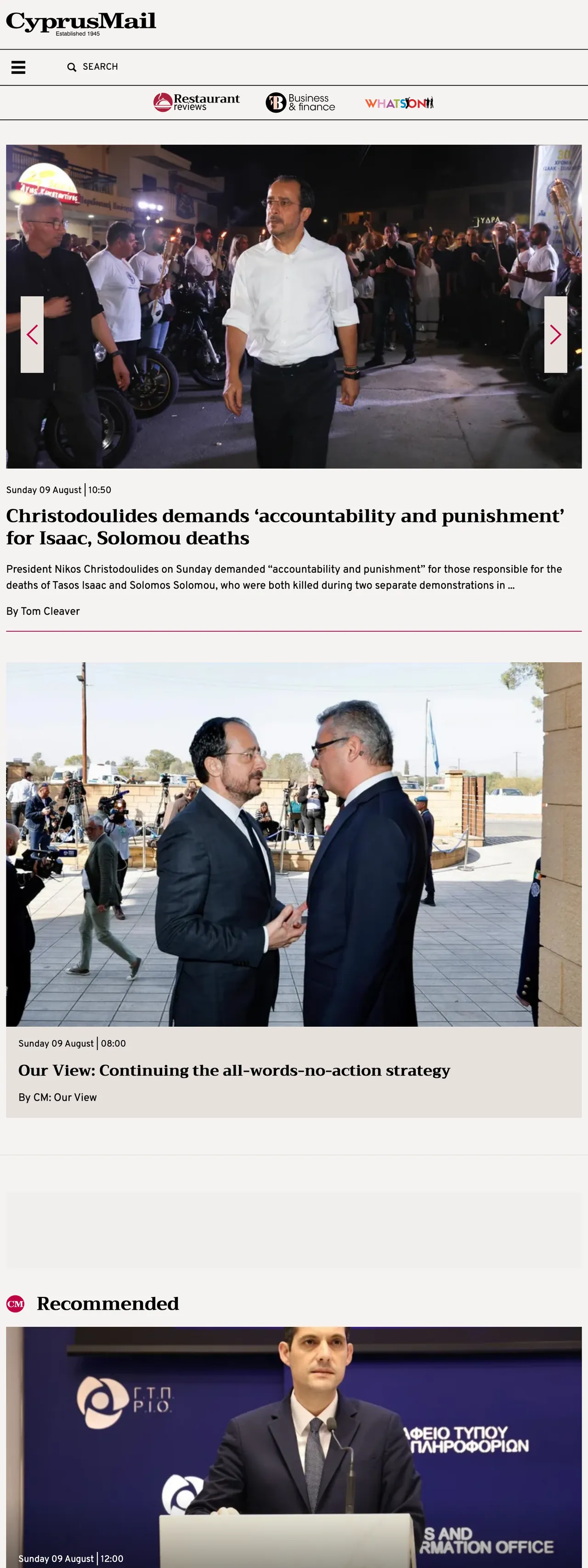 Screenshot of the Cyprus Mail front page