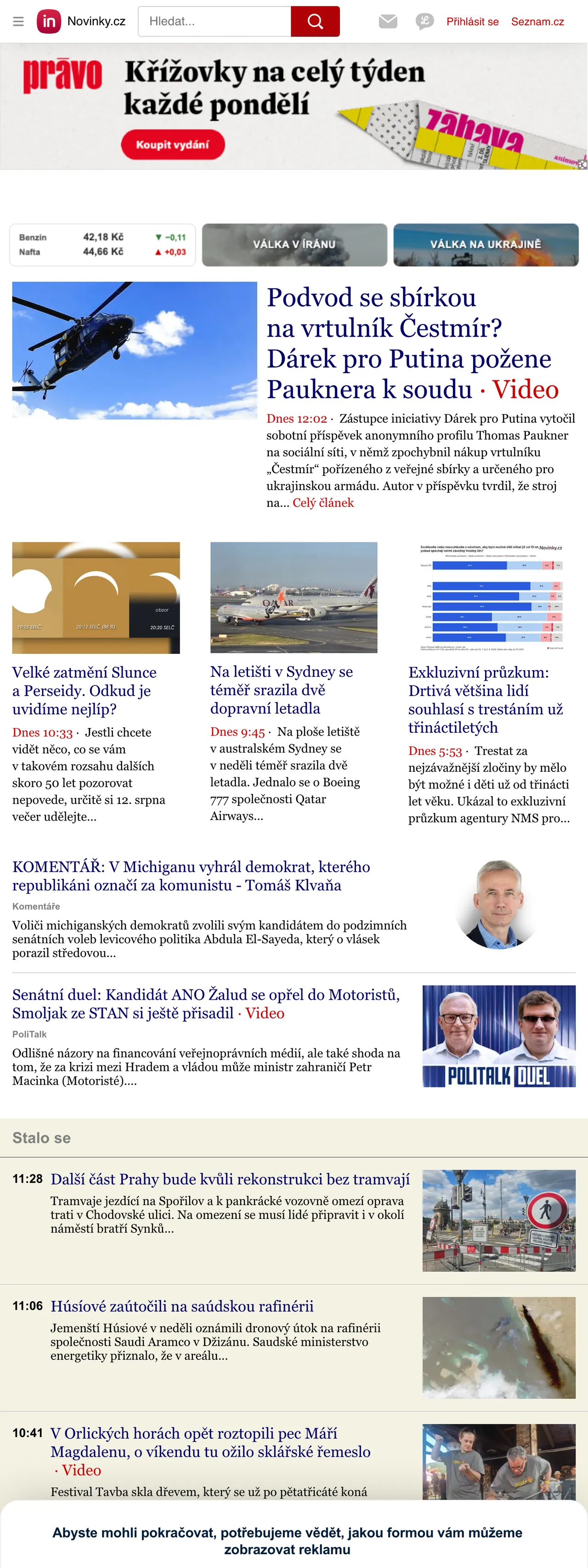 Screenshot of the Novinky.cz front page