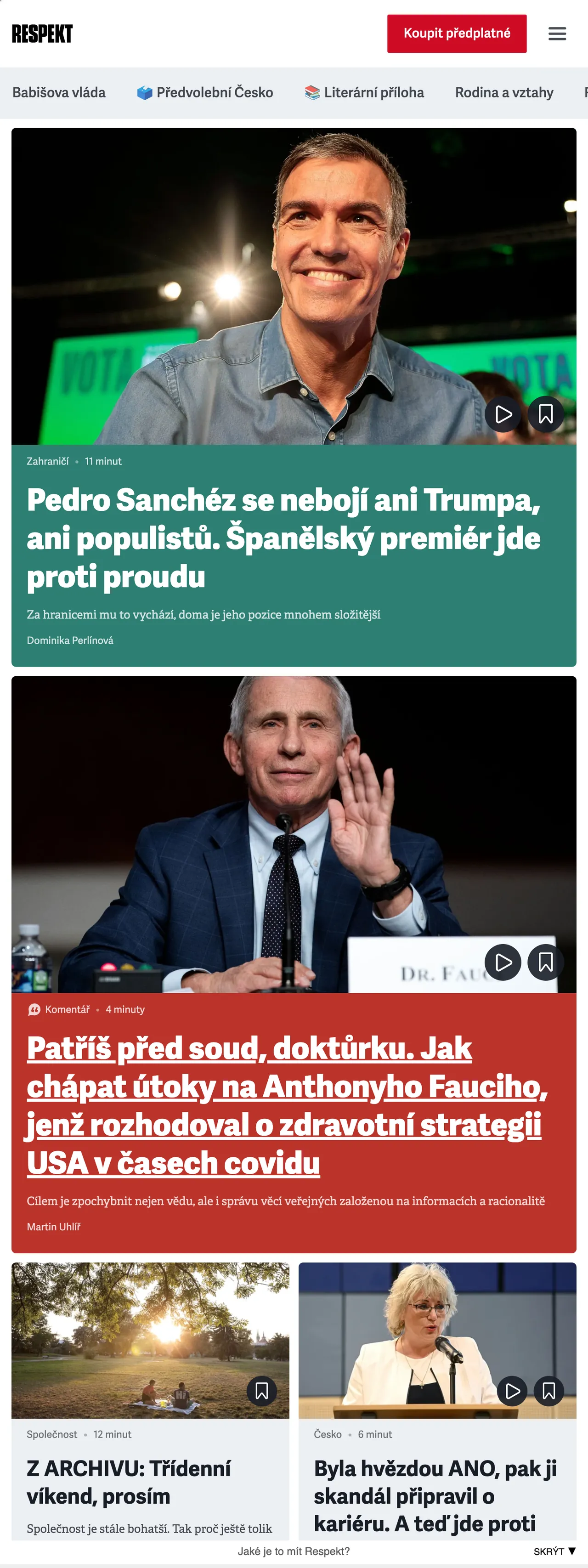 Screenshot of the Respekt front page