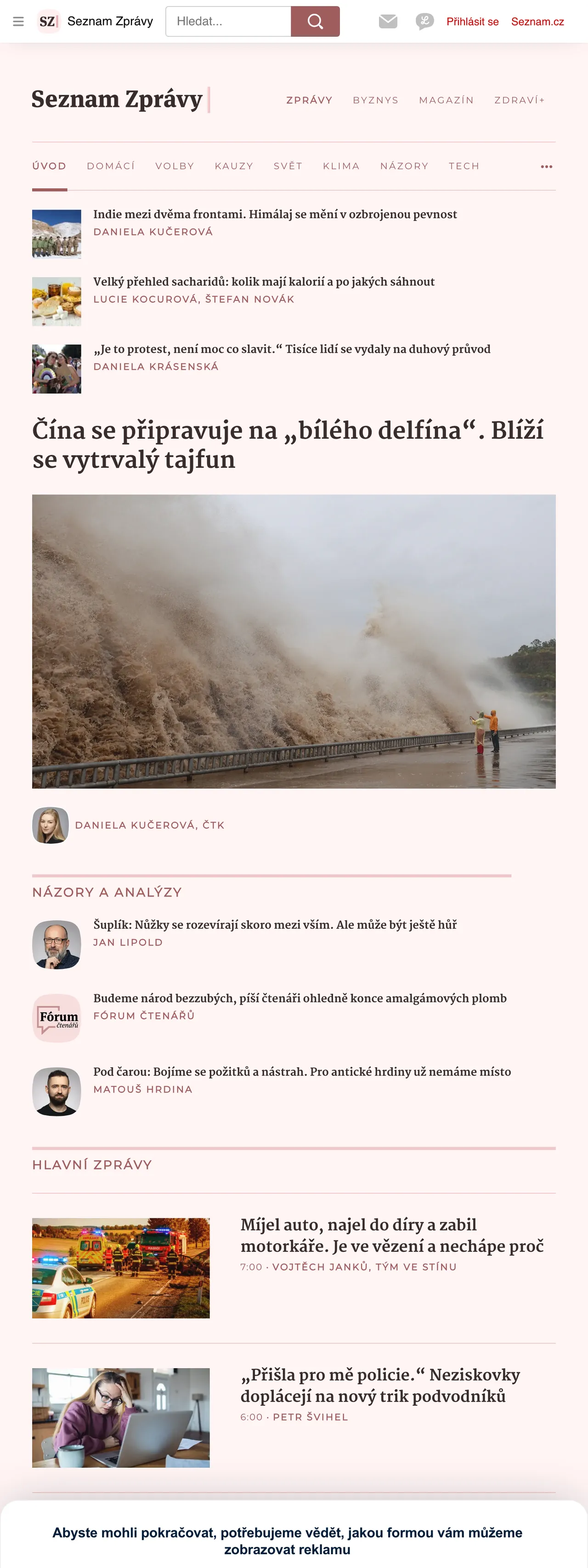 Screenshot of the Seznam Zprávy front page
