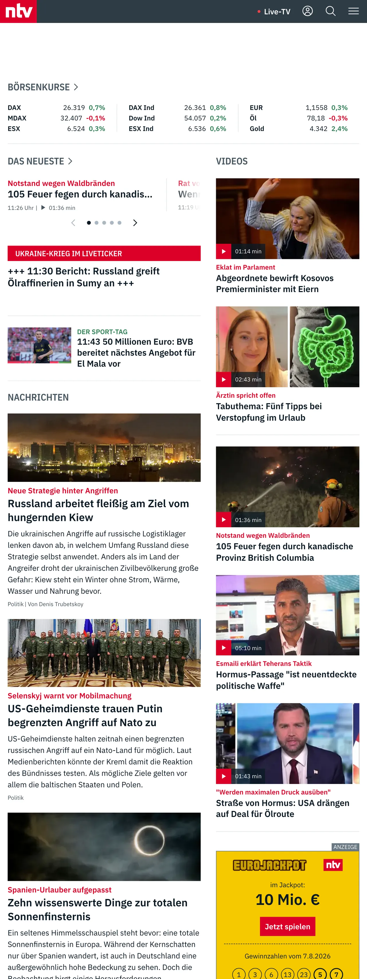 Screenshot of the n-tv front page